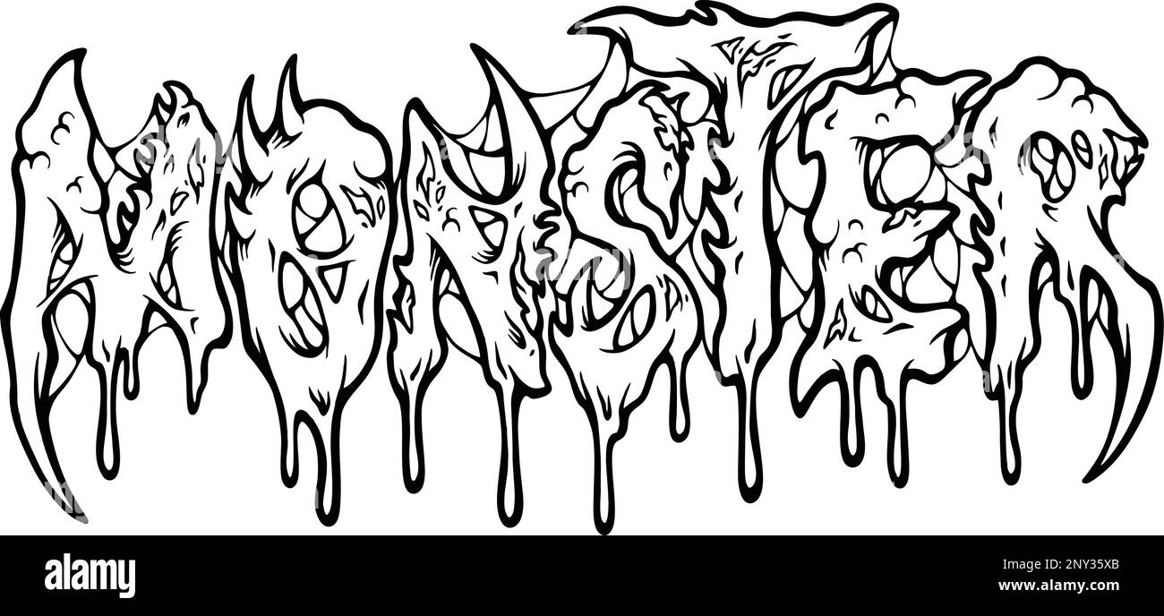 Fusione carattere mostro scritta a mano parola monocromatico vettore illustrazioni per il vostro logo di lavoro, merchandise t-shirt, adesivi e disegni di etichette, poster Illustrazione Vettoriale