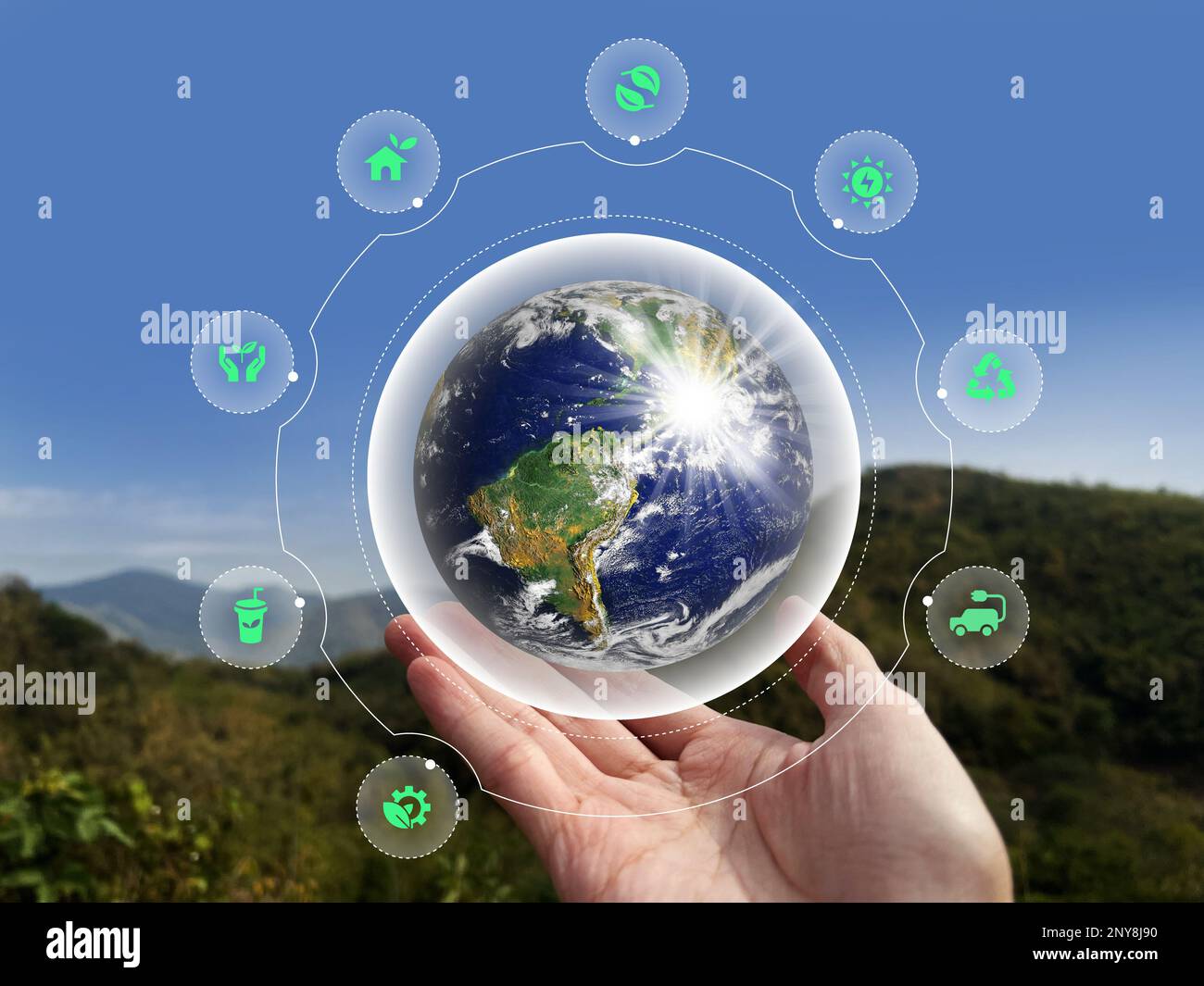 Obiettivi di sviluppo sostenibile di promuovere energia pulita, imprese verdi rinnovabili. sostenibilità sulle energie rinnovabili, crescita ecologica, rispetto dell'ambiente. Foto Stock