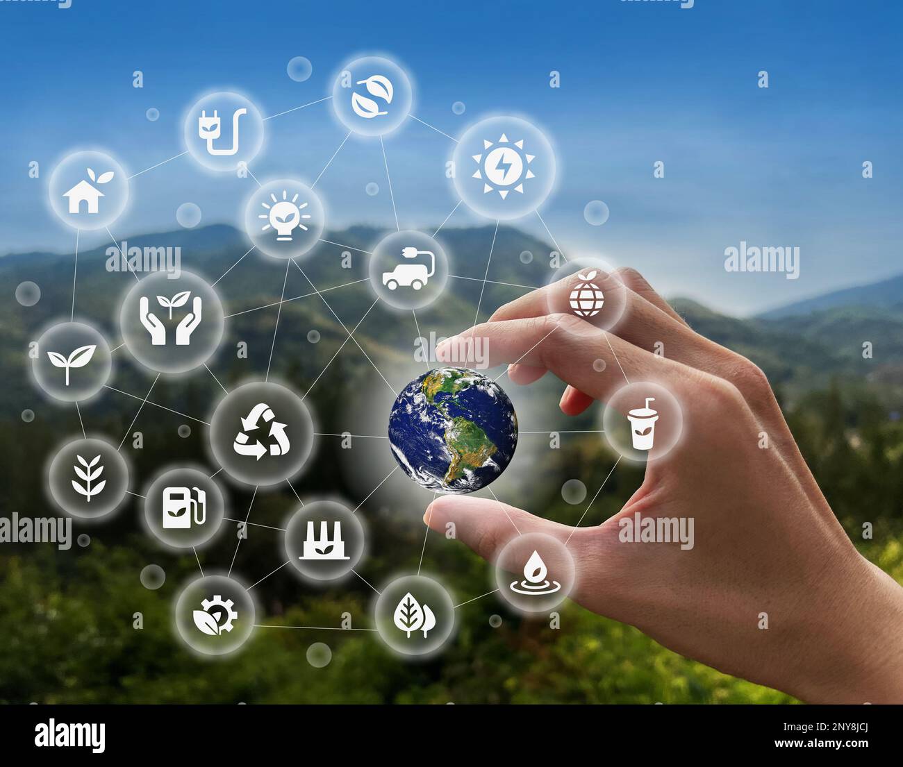 Obiettivi di sviluppo sostenibile di promuovere energia pulita, imprese verdi rinnovabili. sostenibilità sulle energie rinnovabili, crescita ecologica, rispetto dell'ambiente. Foto Stock