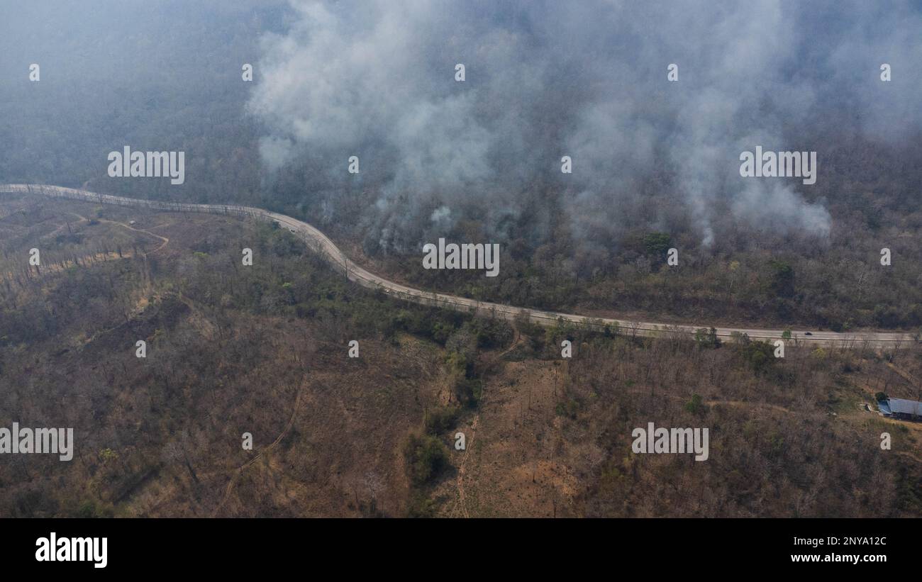 Vista aerea del drone di un incendio che brucia attraverso un'area boschiva, riempie il cielo di fumo scuro nei boschi vicino al bordo dell'autostrada. Foresta che brucia Foto Stock