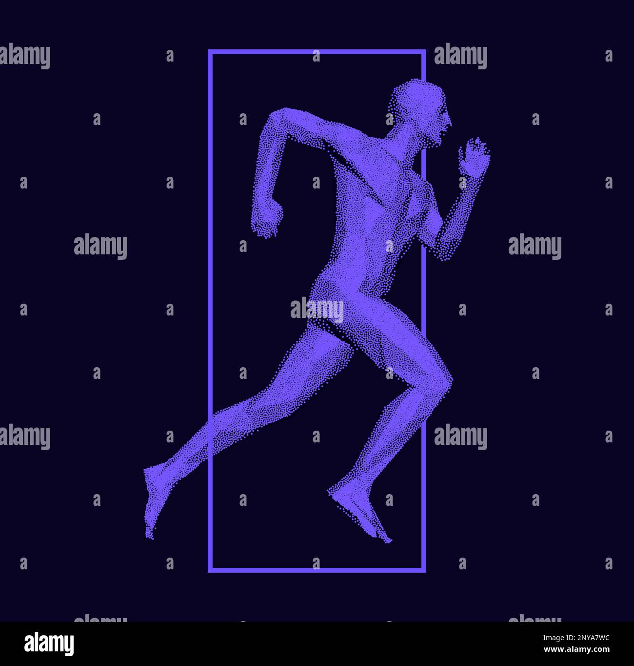 Running man o maratona runner. Modello del corpo umano 3D. Design per lo sport. Illustrazione vettoriale composta da particelle. Illustrazione Vettoriale