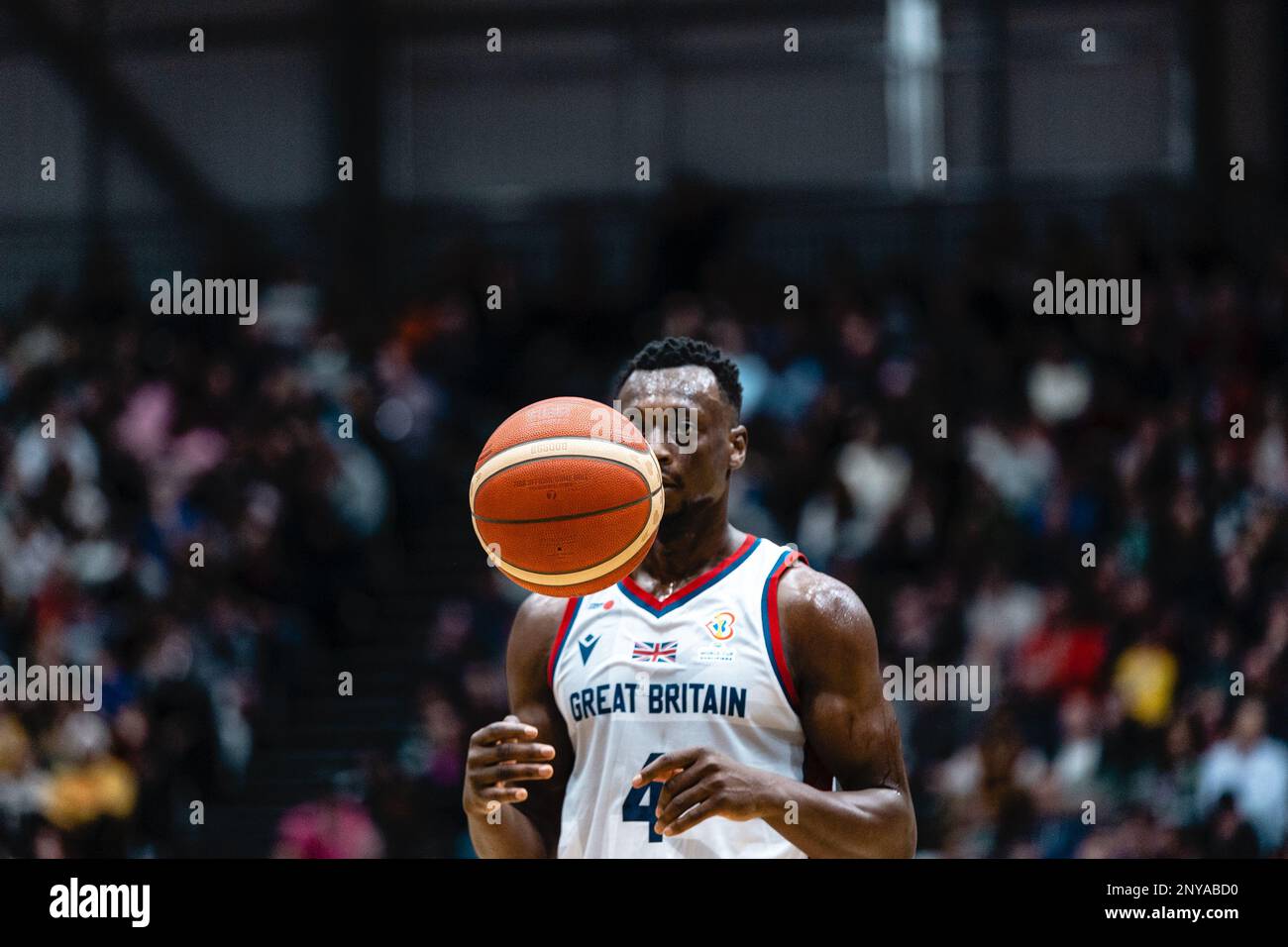 GB Mens Basketball team perde in Belgio 59- 88 in un qualificazione FIBA World Cup alla Newcastle Vertu Arena il 24 febbraio 2023. GB Amin Adamu. copyright caroljmoir/Alamy Foto Stock