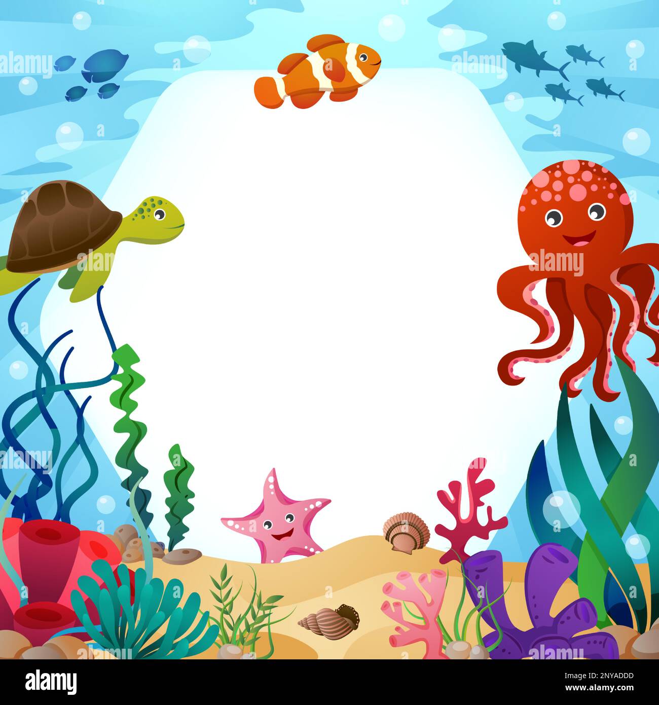 Animali SEA LIFE con scena oceanica e spazio copia esagonale . Stile cartone animato . Vettore . Illustrazione Vettoriale