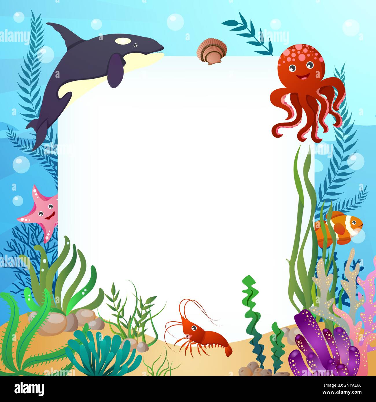 Animali SEA LIFE con scena oceanica e spazio copia rettangolare . Stile cartone animato . Vettore . Illustrazione Vettoriale