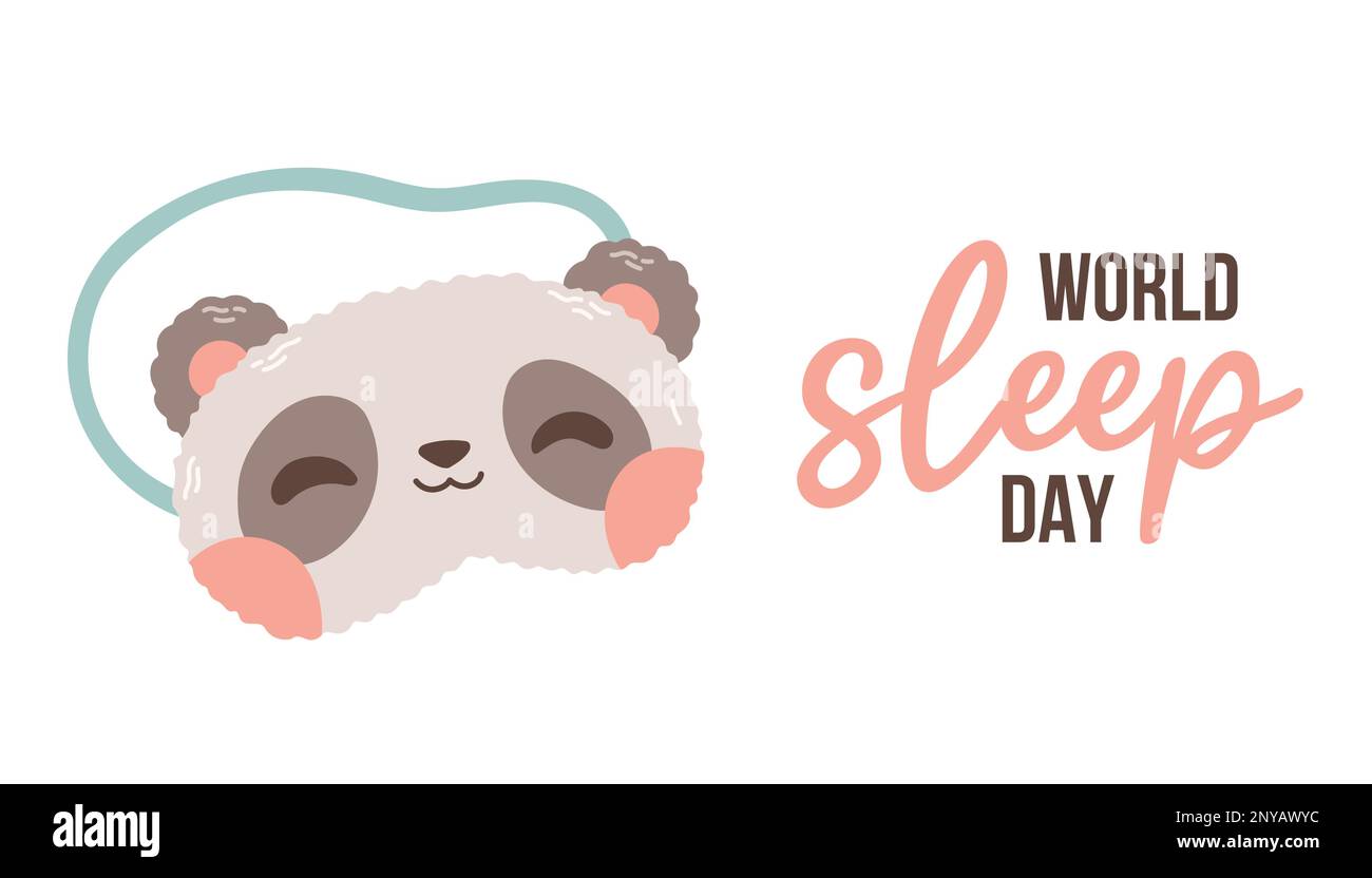 Cartolina o banner del World Sleep Day. Illustrazione vettoriale di una maschera addormentata carina con testo su una vacanza internazionale Illustrazione Vettoriale