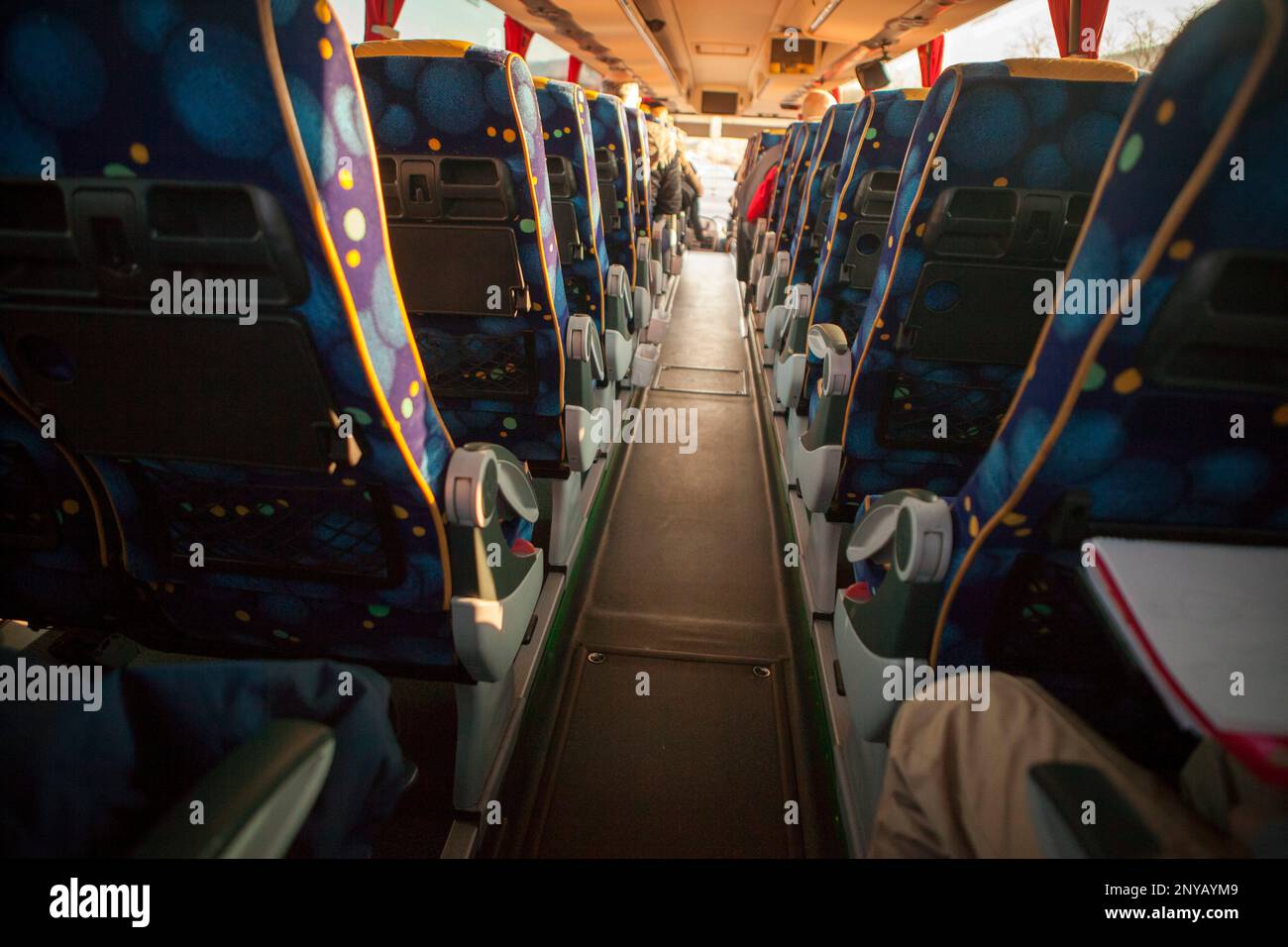 Autobus turistico interno. Linee dei sedili viste dal retro. Foto Stock