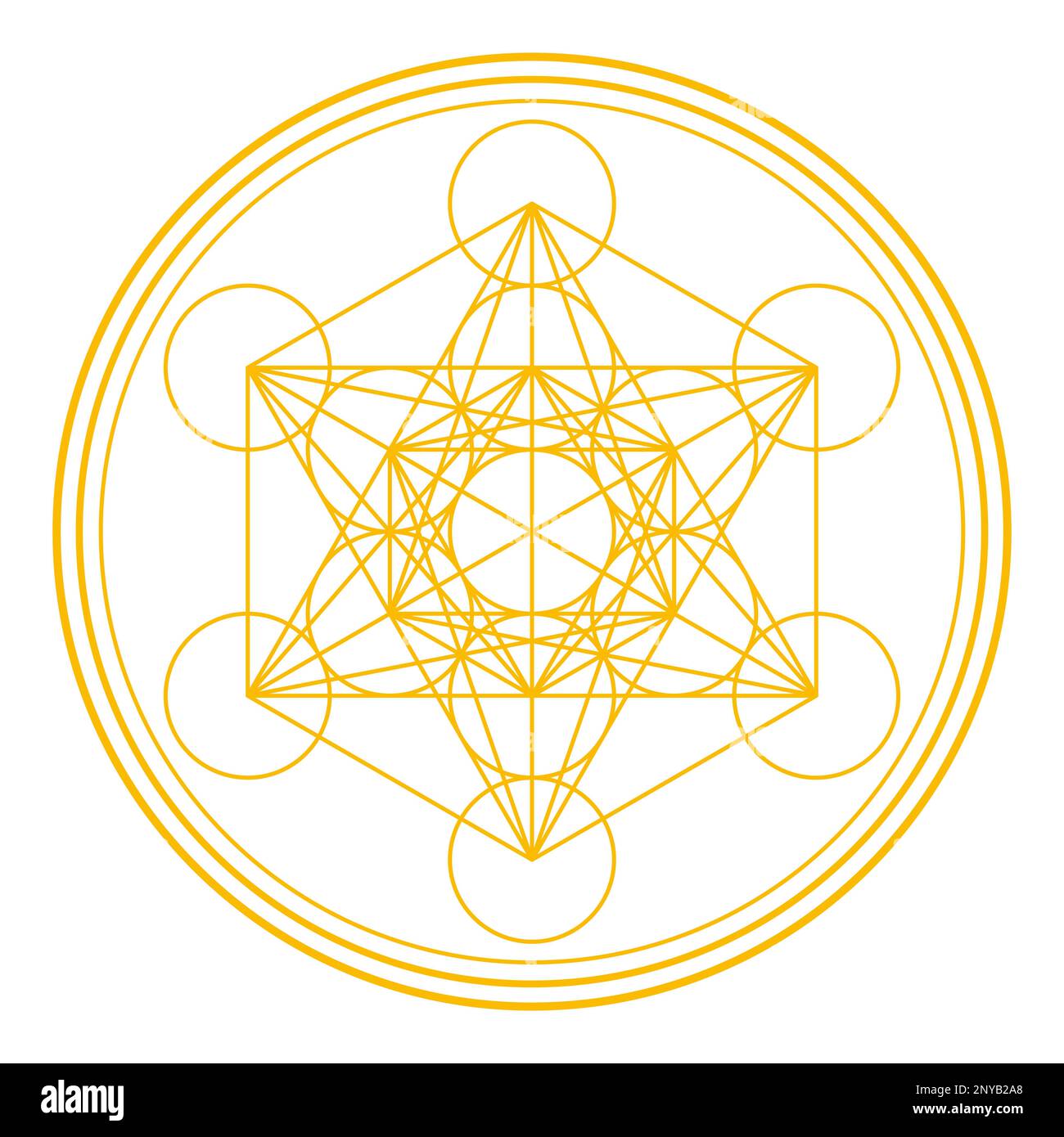 Golden Metatrons Cube, circondato e incorniciato da tre cerchi. Simbolo mistico, derivato dal Fiore della vita. Foto Stock