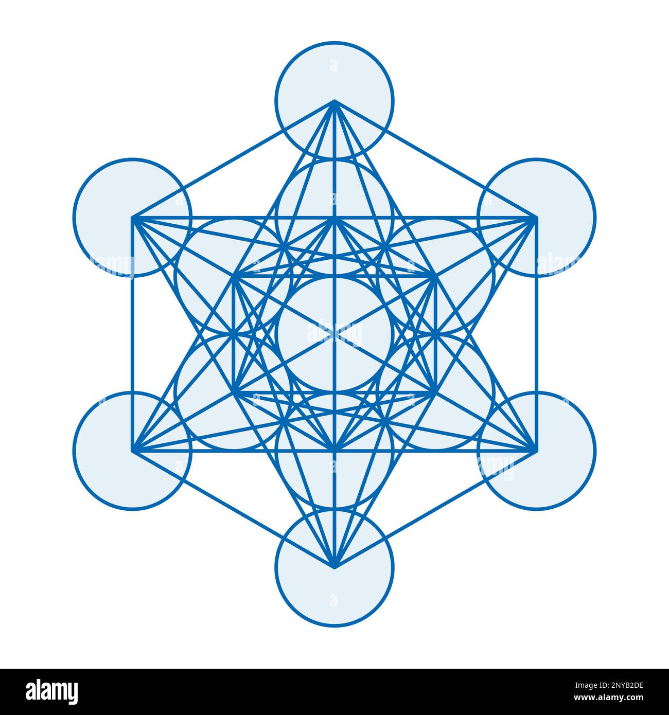 Cubo Metatron Blu. Un simbolo mistico, derivato dal Fiore della vita. Tutti i centri dei tredici cerchi sono collegati da linee rette. Foto Stock