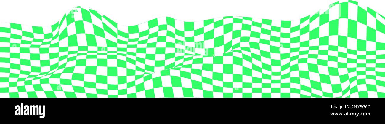 Struttura deformata con quadrati verdi e bianchi. Sfondo a scacchi ondulato. Ondulare scacchiera, bandiera, plaid in tessuto, pavimento piastrellato Illustrazione Vettoriale