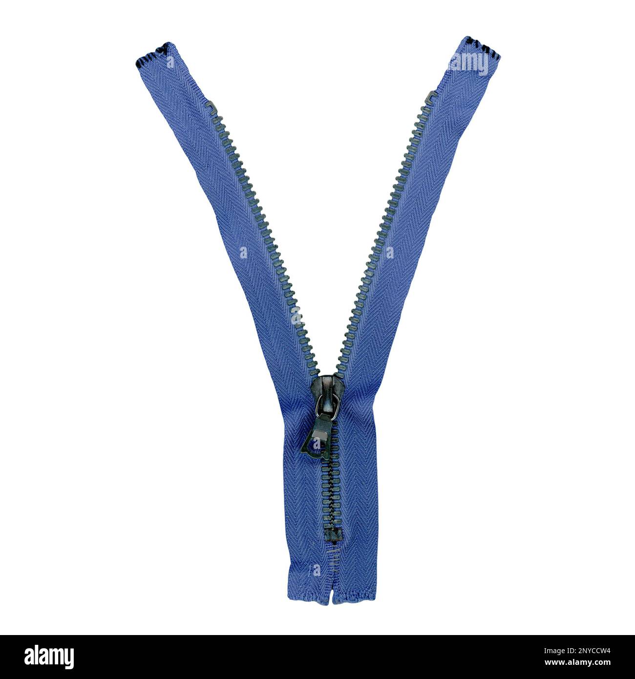 zip aperta isolata su sfondo bianco Foto Stock