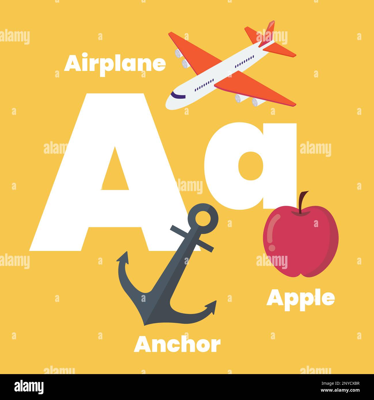 Carino bambini ABC parole flashcard alfabeto con la lettera A per i bambini che imparano il vocabolario inglese. Ancoraggio aereo Apple. Illustrazione vettoriale Illustrazione Vettoriale