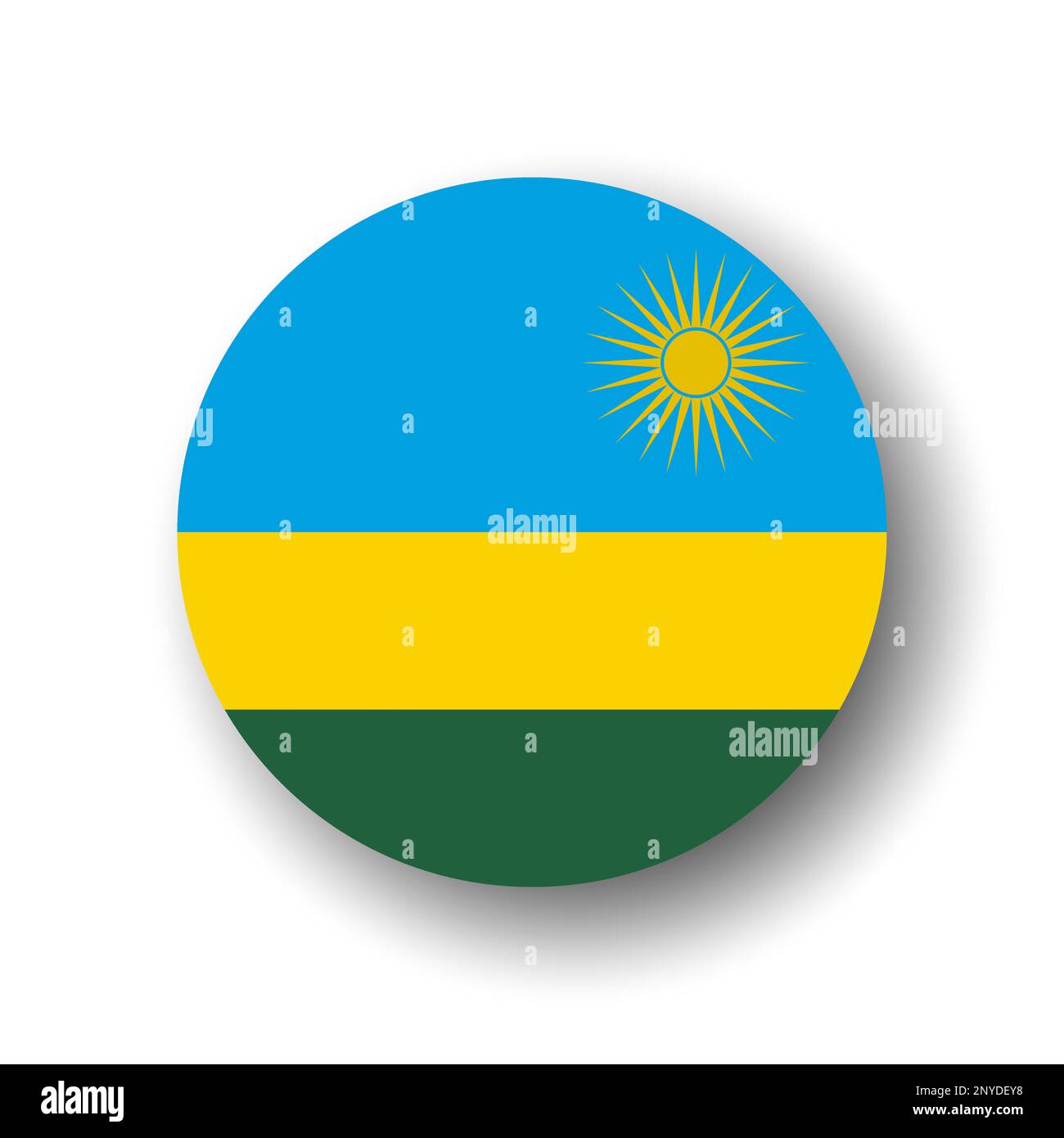 Bandiera Rwanda - icona a forma di cerchio o badge vettoriale piatto con ombra sfumata. Illustrazione Vettoriale