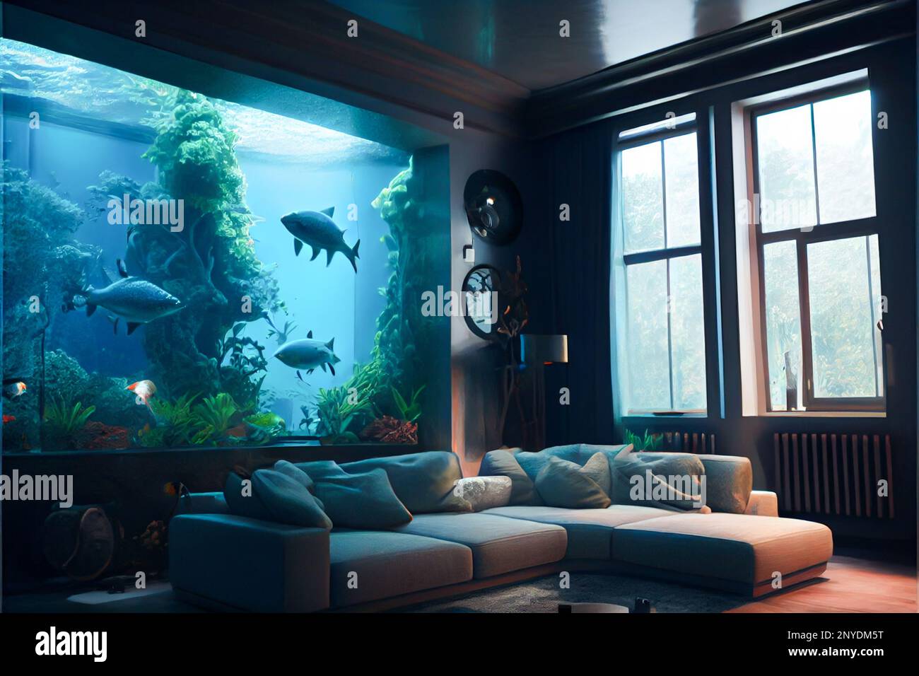Accogliente appartamento con pesci in acquario Foto Stock