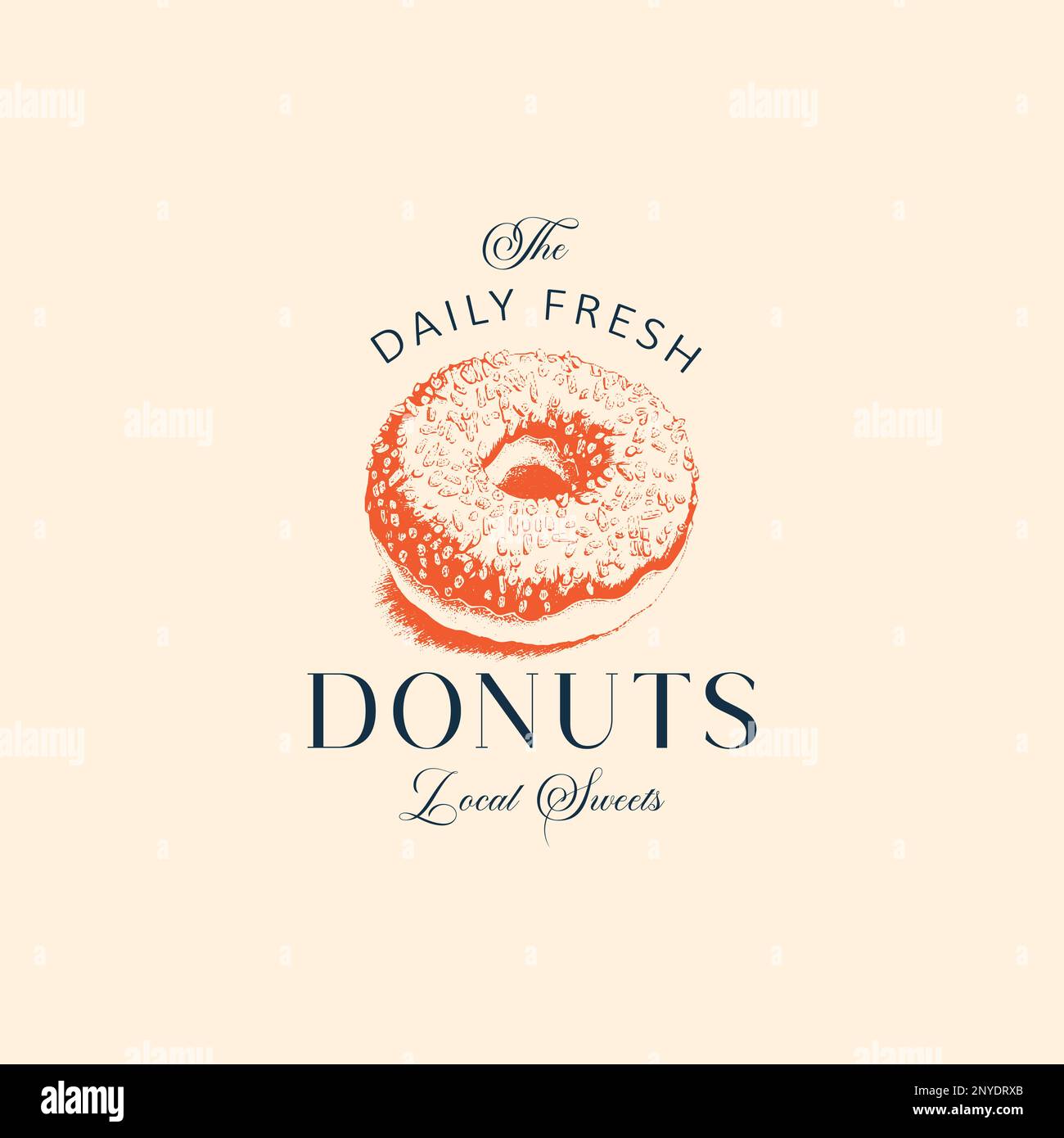Donuts Confectionary Abstract Sign, Symbol o Logo Template. Donut dolce e tipografia disegnati a mano. Concetto di emblema vettoriale della panetteria locale. Isolato. Illustrazione Vettoriale