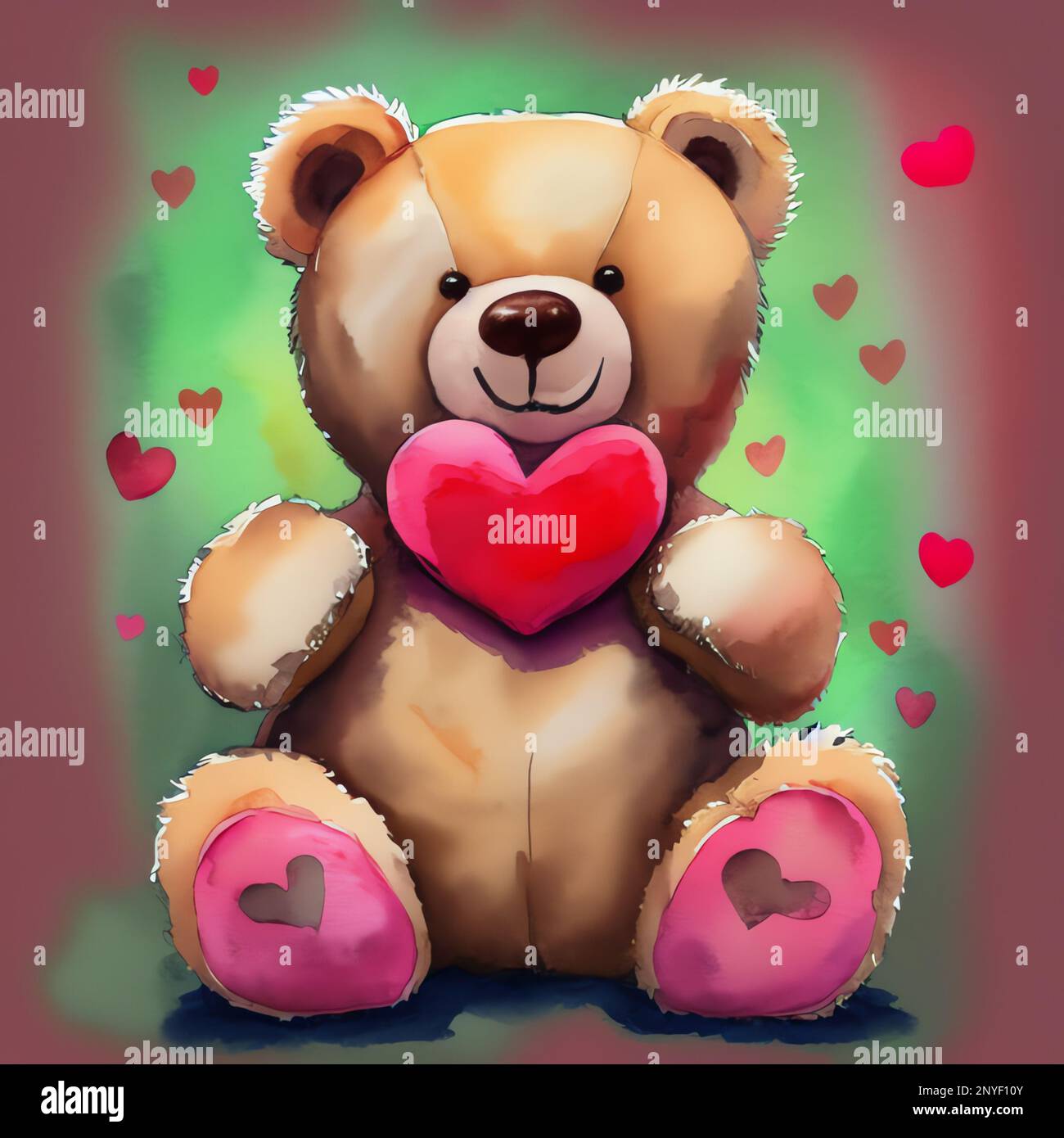 aquarelle, colore, linea, schizzo, disegnato a mano, sfondo, san valentino, romantico, giorno di san valentino, infanzia, simbolo, orsacchiotto, grafico, orso, marrone, lui Foto Stock