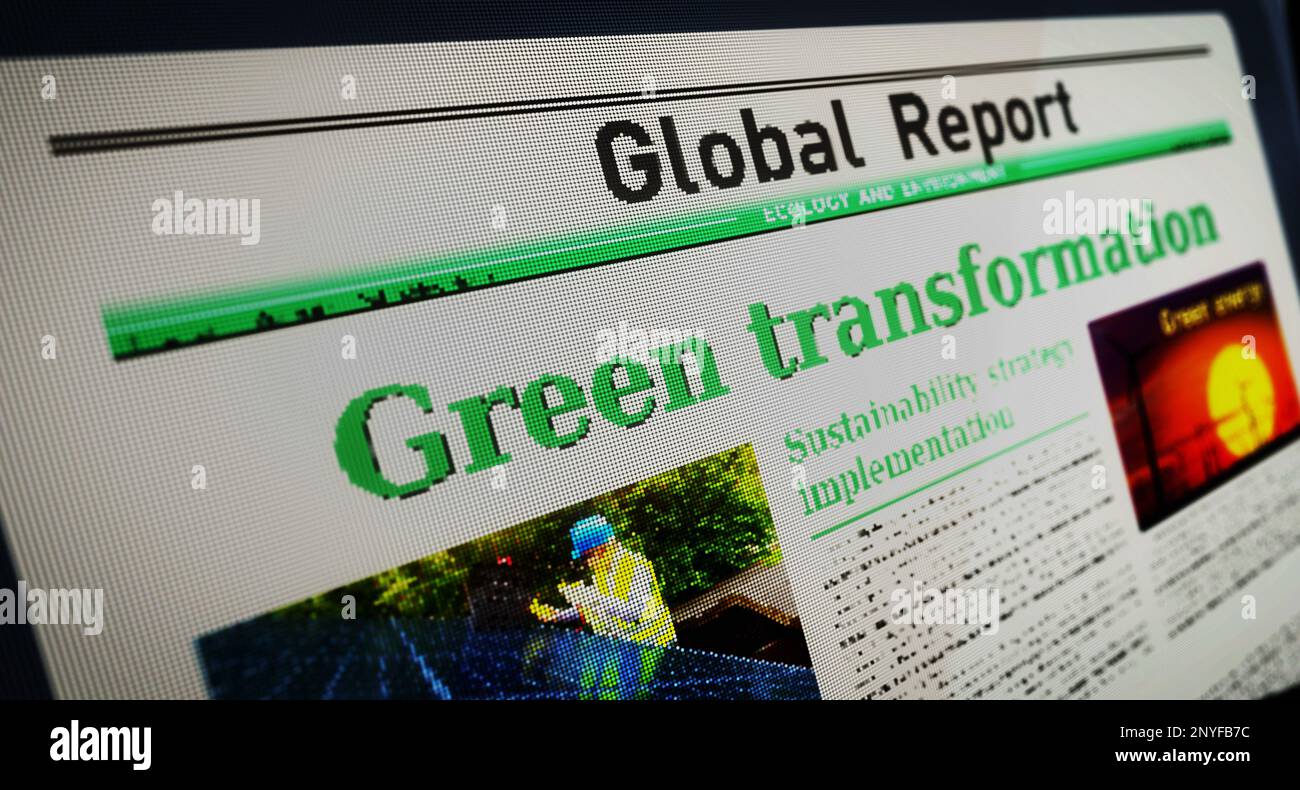 Trasformazione verde ambiente ecologia e economia sostenibile lettura quotidiana dei giornali su schermo del computer tablet mobile. Touch screen MAN con headl Foto Stock