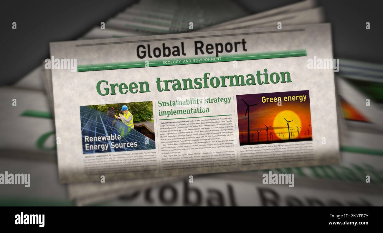 Trasformazione verde ambiente ecologico ed economia sostenibile notizie vintage e stampa di giornali. Astratto concetto retrò titoli 3D illustrazione Foto Stock