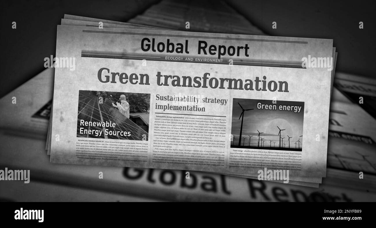 Trasformazione verde ambiente ecologico ed economia sostenibile notizie vintage e stampa di giornali. Astratto concetto retrò titoli 3D illustrazione Foto Stock