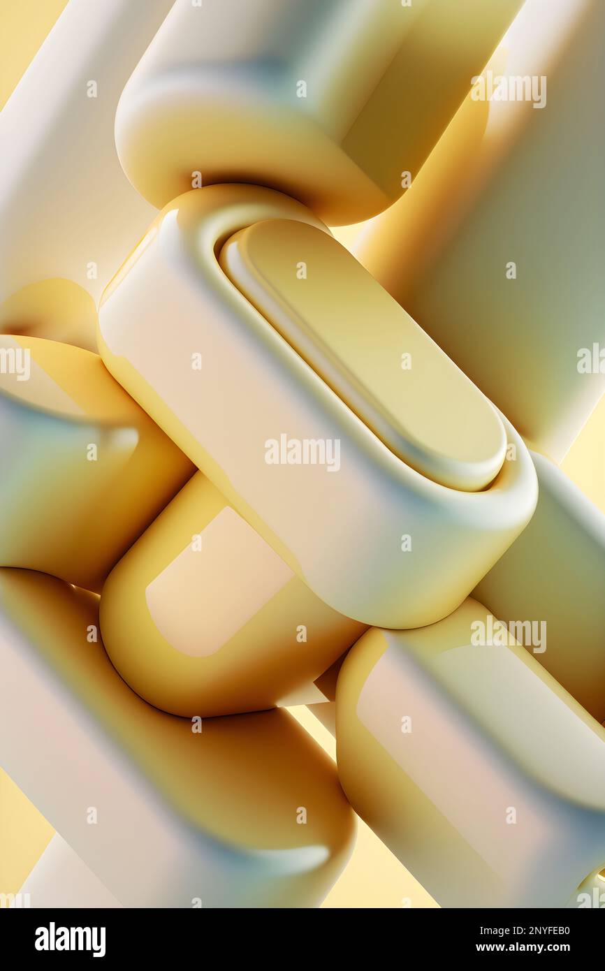 3d figure geometriche astratte gialle e bianche poste su sfondo beige chiaro Foto Stock