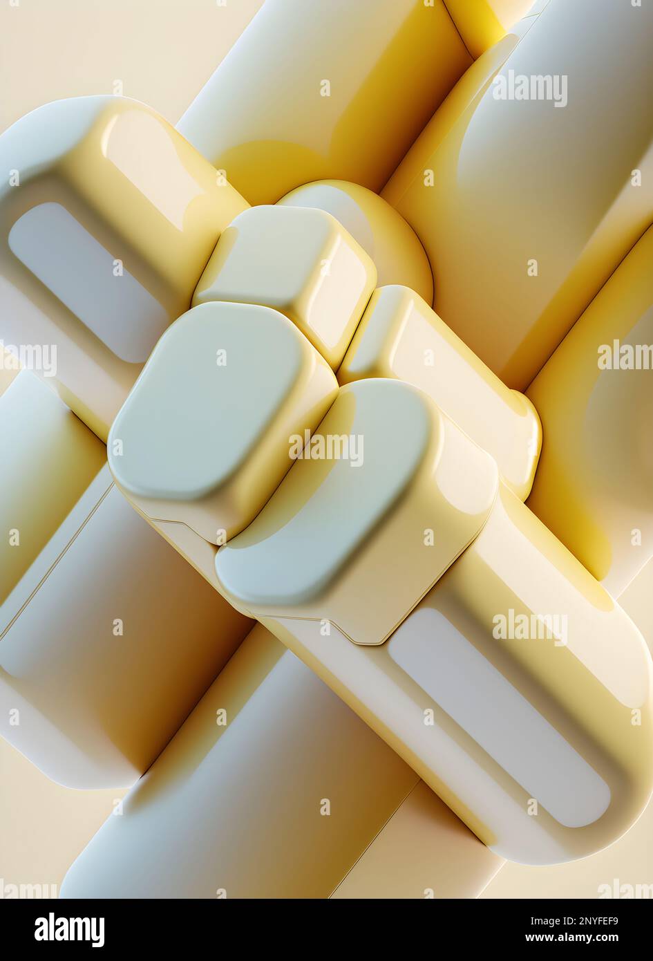 3d figure geometriche astratte gialle e bianche poste su sfondo beige chiaro Foto Stock