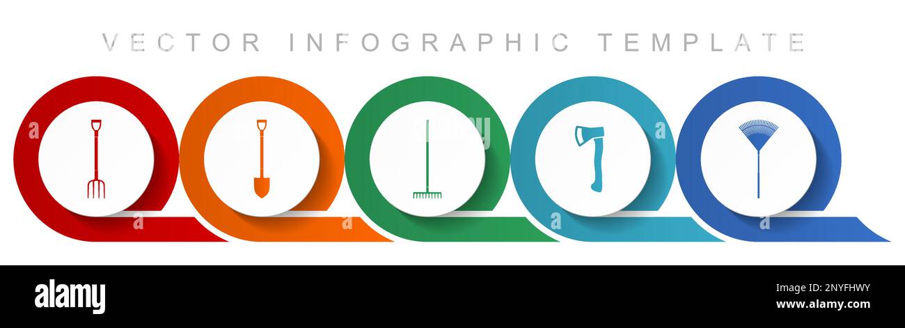 Set di icone per gli strumenti di giardinaggio, icone varie come forchetta, pala, ascia e rastrello per webdesign e applicazioni mobili, vettore infografico di design piatto Illustrazione Vettoriale