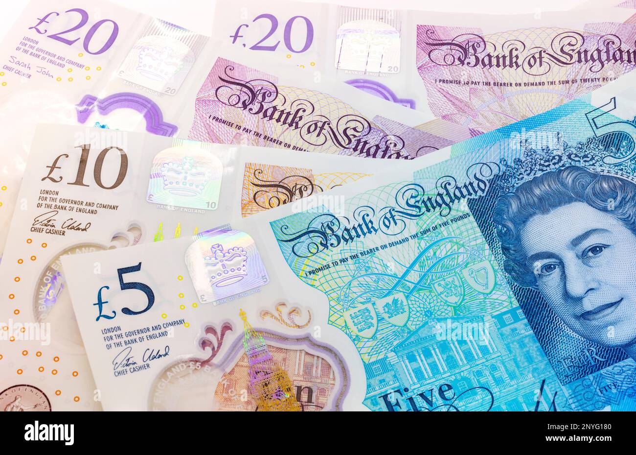 Denaro denaro regno unito valuta britannica contanti sterlina sterline banconote UK GB British banconote inglesi Foto Stock