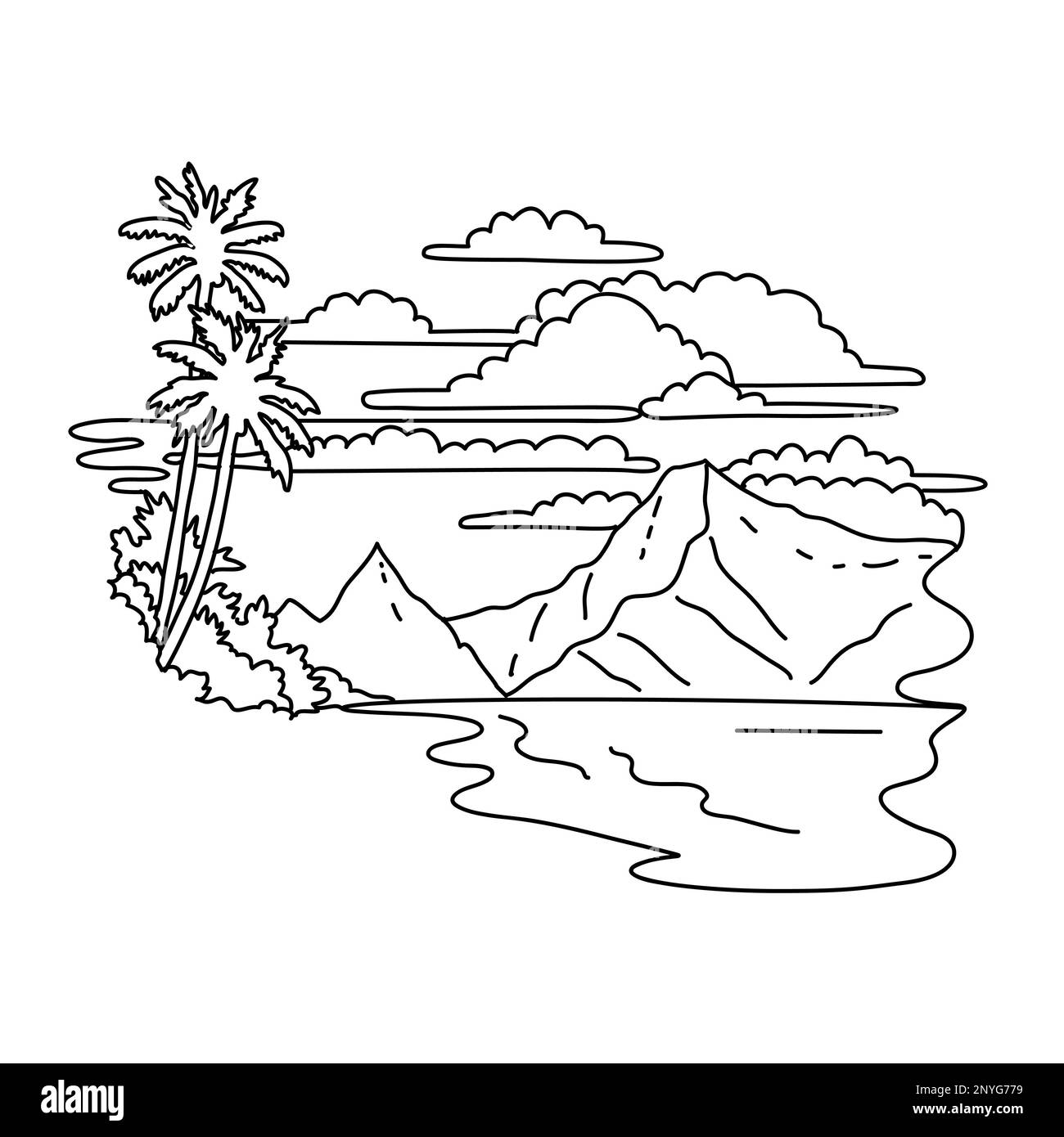 Illustrazione in monotona della spiaggia di Ofu sull'isola di Ofu nelle isole Manu'a all'interno del Parco Nazionale delle Samoa Americane stile d'arte di disegno a linea monolina. Foto Stock
