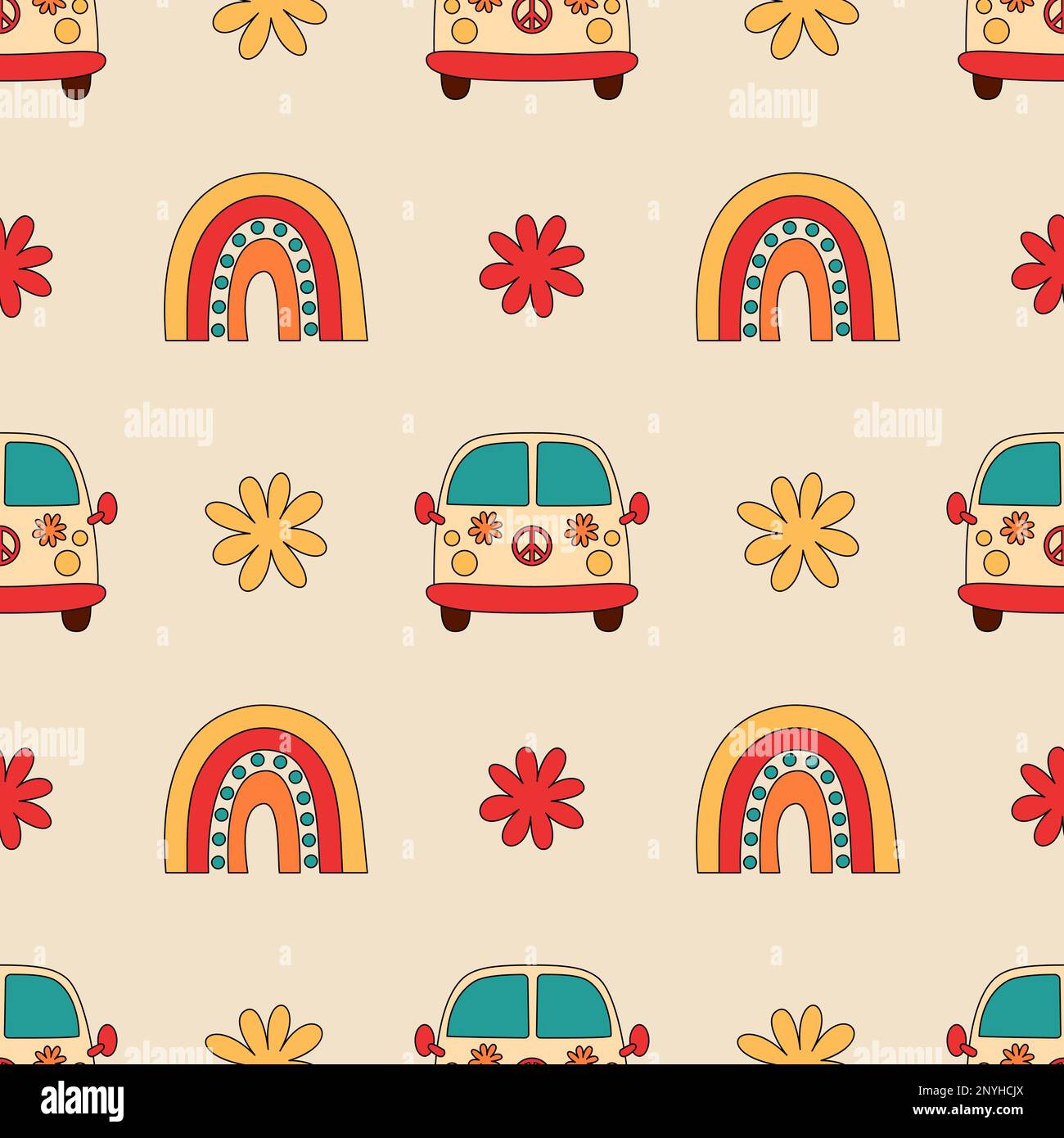 Motivo senza cuciture con elementi per feste retrò e groovy Illustrazione Vettoriale