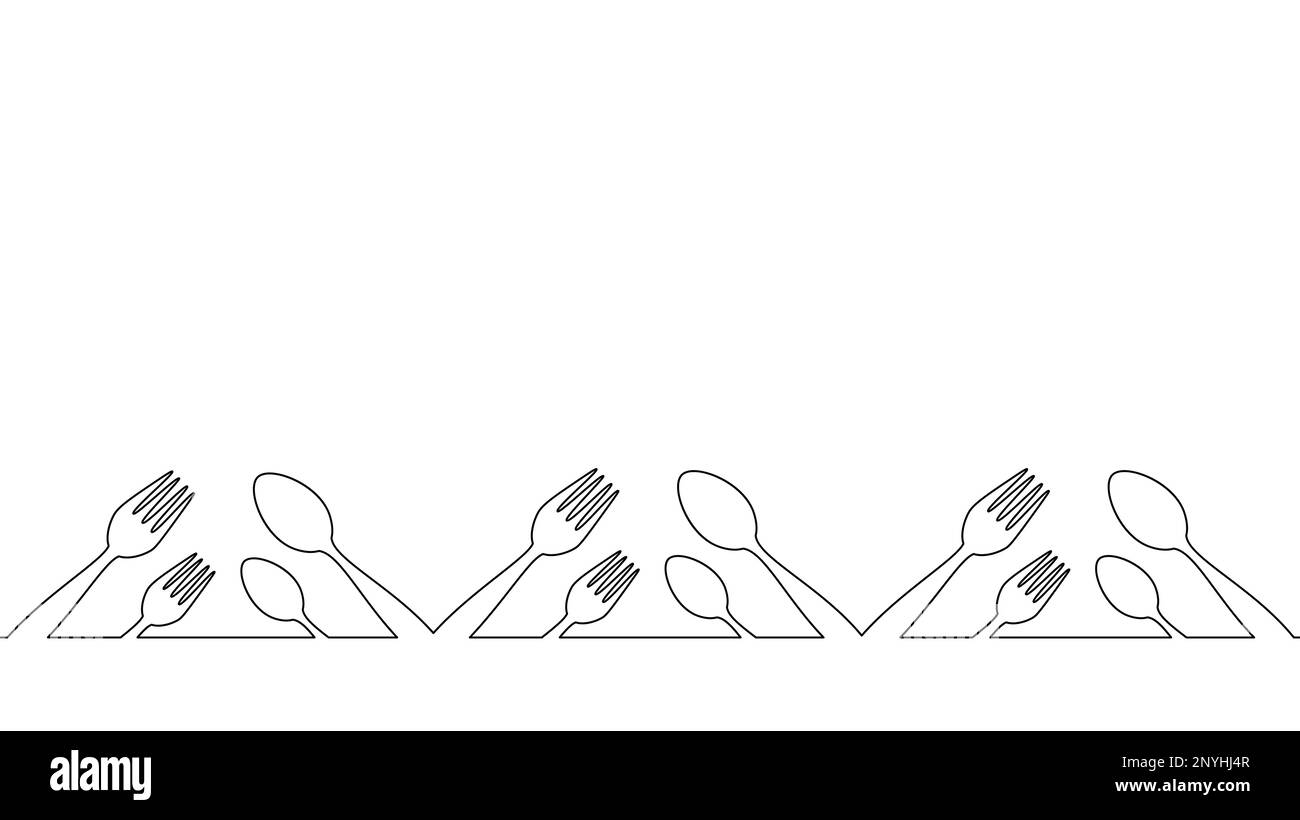 Una linea tavola cucchiaio forchette concetto pranzo cena. Cafe menu decorazione bordo silhouette linea continua doodle cucina pranzo vettore di fornitura Illustrazione Vettoriale