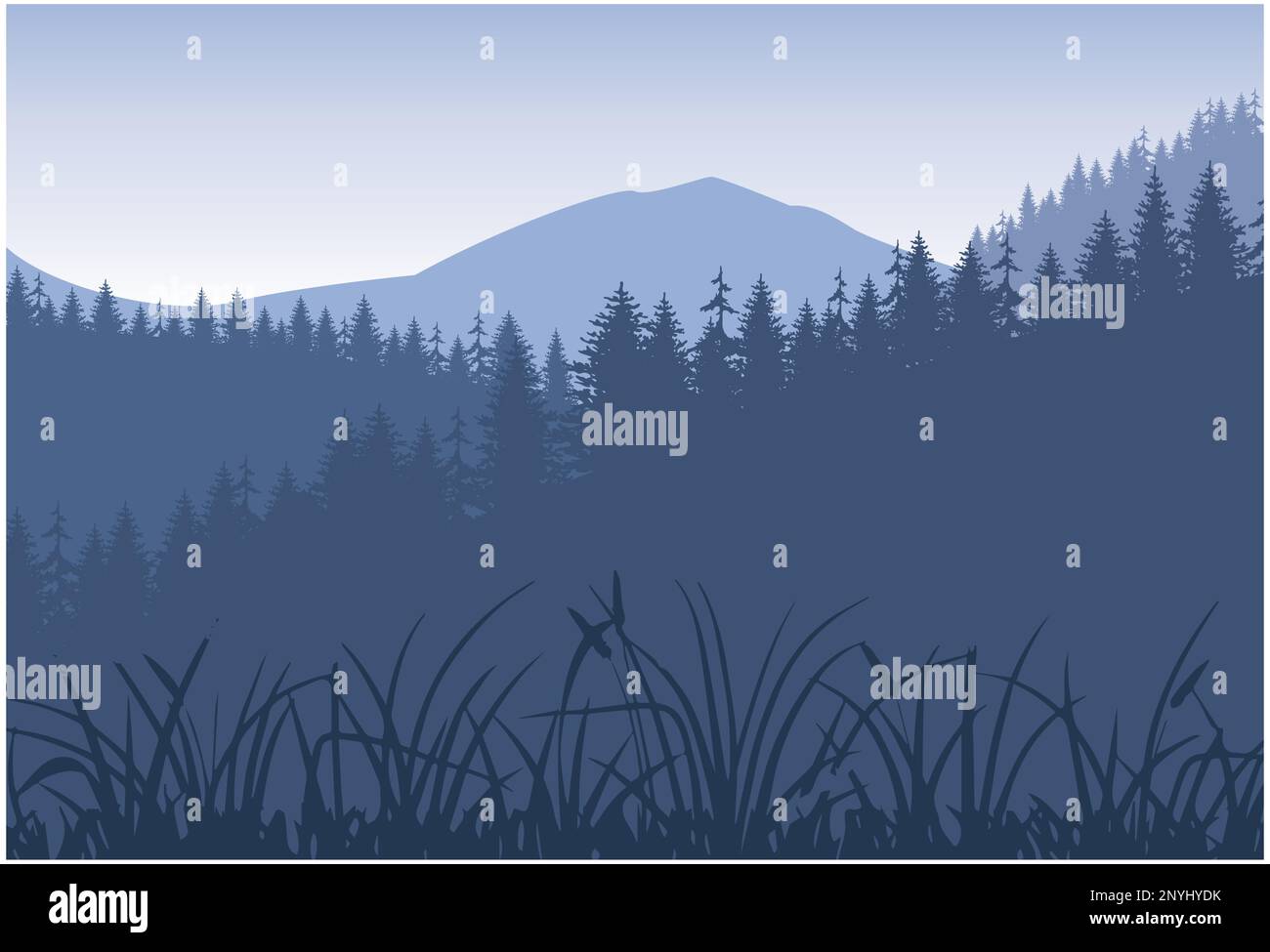 Illustrazione vettoriale di una bella vista panoramica. Montagne in nebbia con la foresta. Paesaggio natura vettoriale con sagome di montagne e boschi Illustrazione Vettoriale