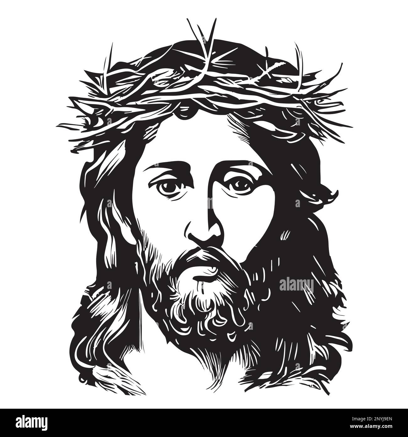 Ritratto di Gesù in una corona disegnata a mano in un disegno stile doodle Illustrazione Vettoriale