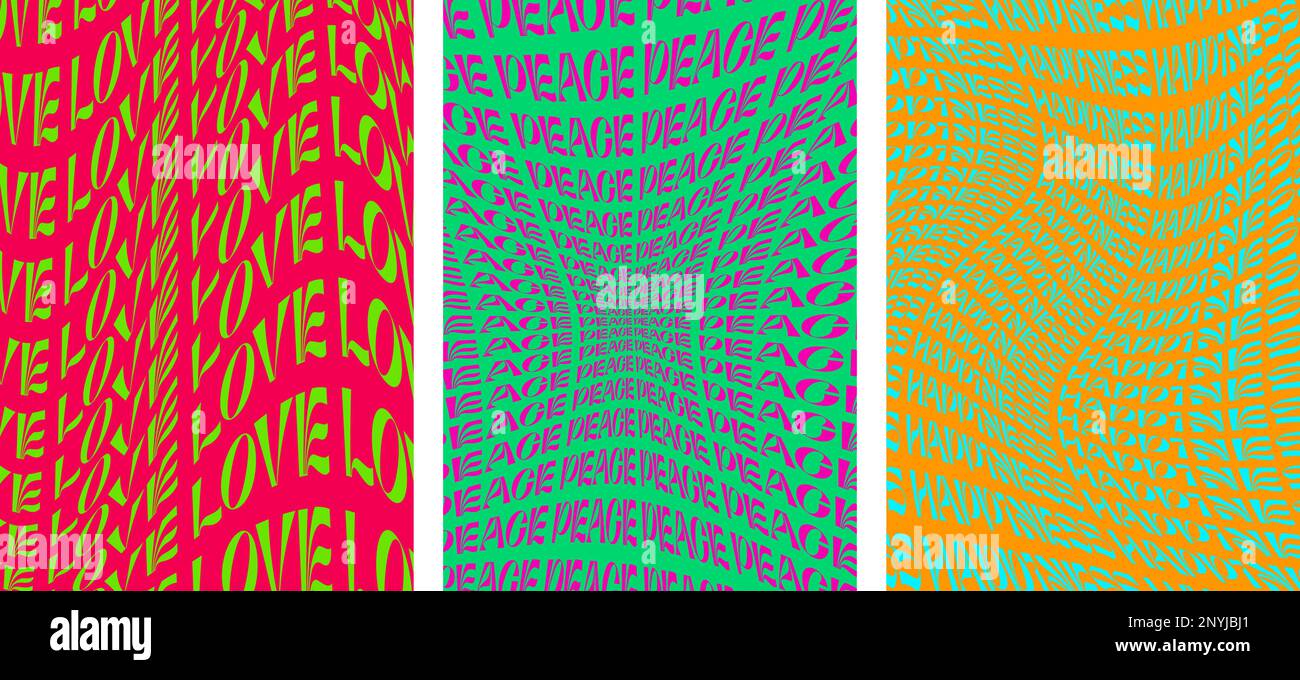 Retrò sfondo d'arte groovy con amore pace e parole di felicità. Psichedelico stile hippie swirl cartelloni colorati. Vintage hippy Crazy varie stravaganti banner vettoriali astratti. Cultura pop trendy degli anni Y2K Illustrazione Vettoriale