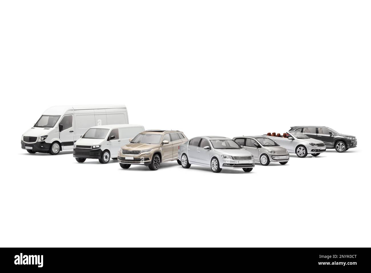 Studio di diversi veicoli, auto, suv, furgone isolato su sfondo bianco Foto Stock
