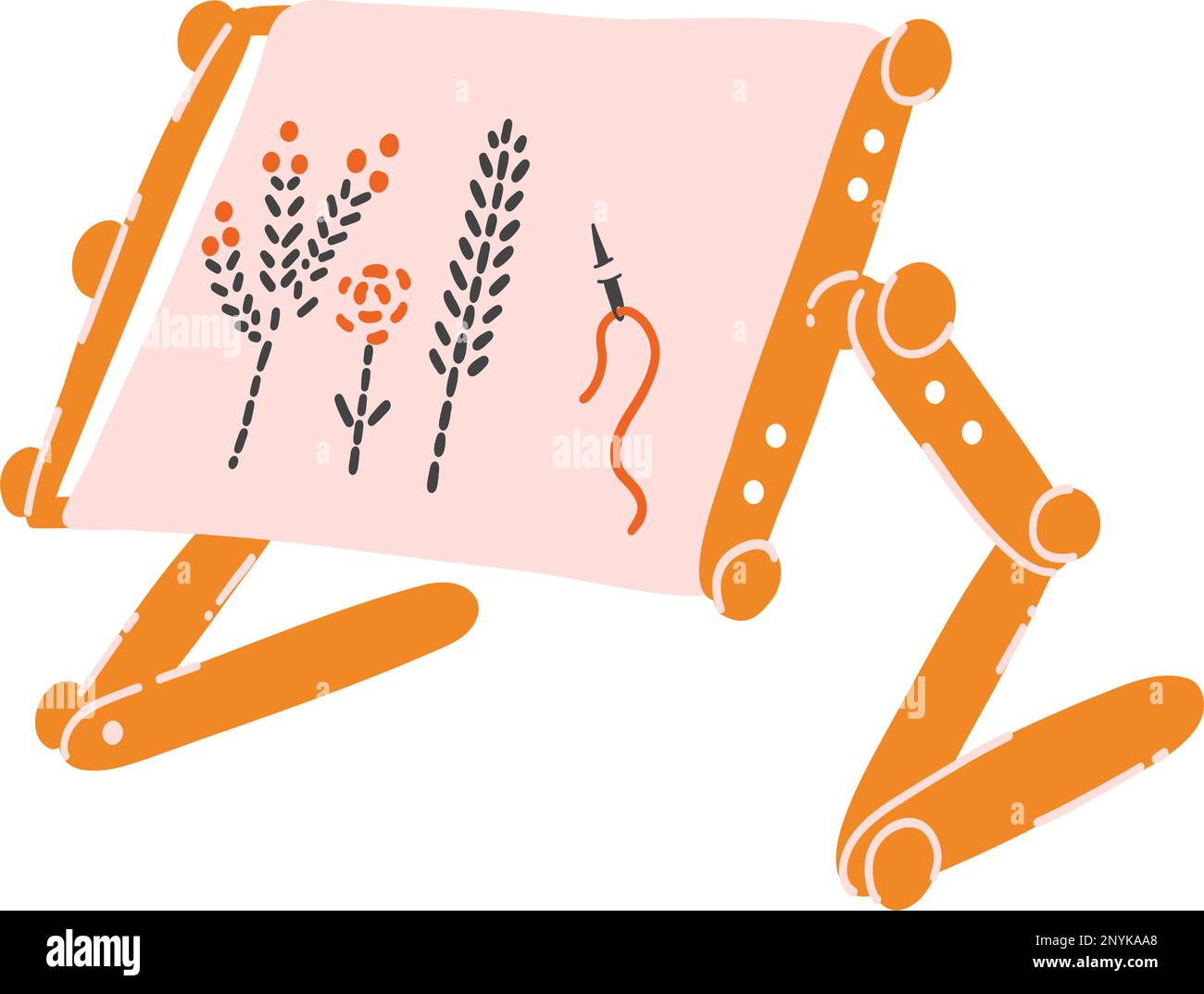 Stativo a punto croce in stile cartoon flat. Illustrazione vettoriale disegnata a mano di supporto per ricamo, fornitura di agugliature, concetto di cucitura, ricamo, Illustrazione Vettoriale