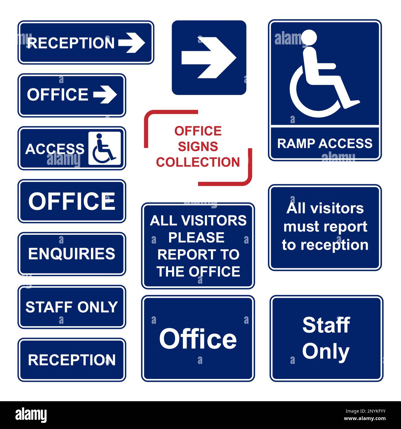 Office Signs Collection Pack - Office Guide Signs Blue Vector - Reception - staff, Richieste, accesso, Arrow Sign, visitatori Sign in Single file for of Illustrazione Vettoriale