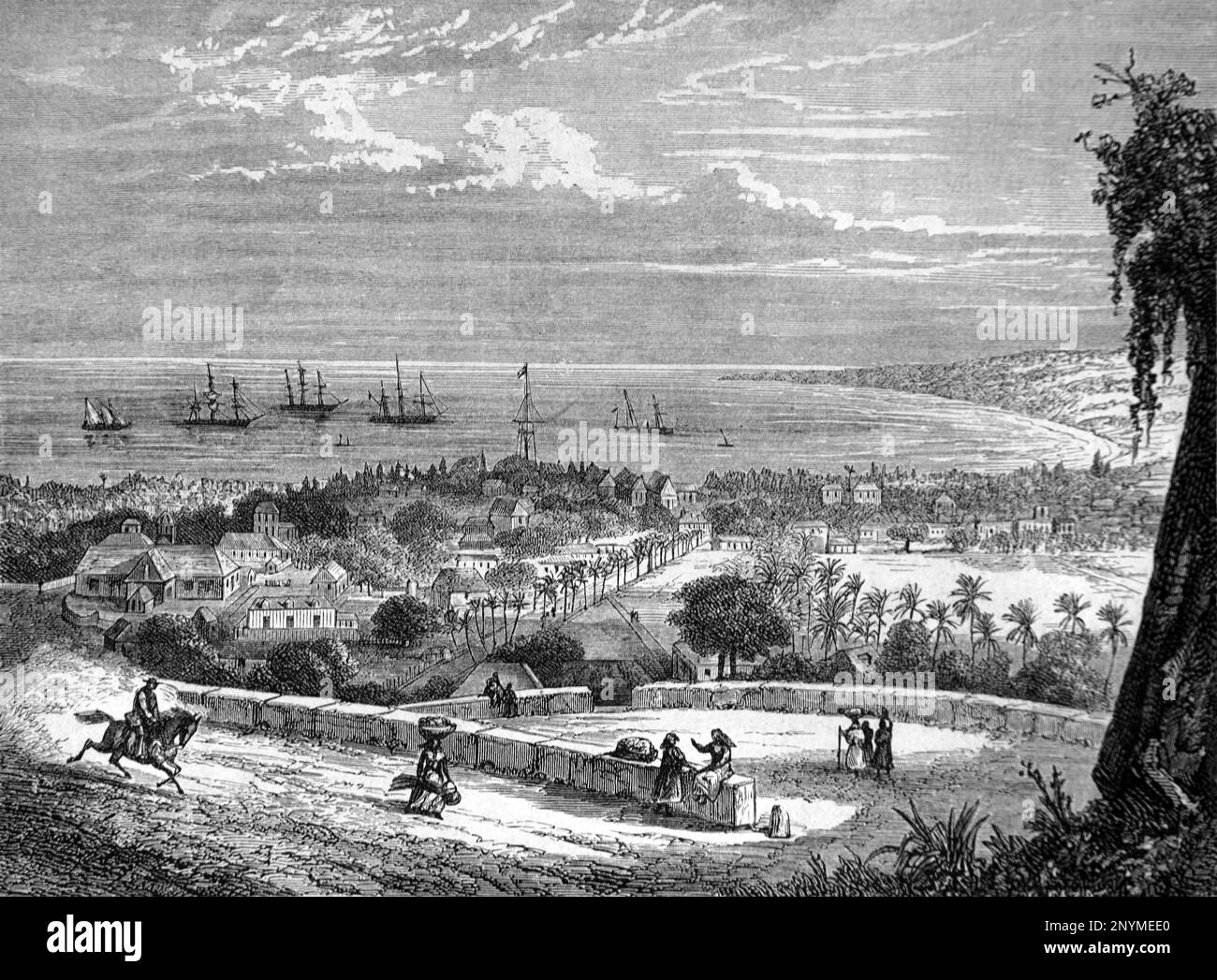 Vista anticipata o storica della città e della baia di Saint Paul o dell'isola di Saint-Paul la Reunion. Vintage Engraving o Illustrazione 1862 Foto Stock