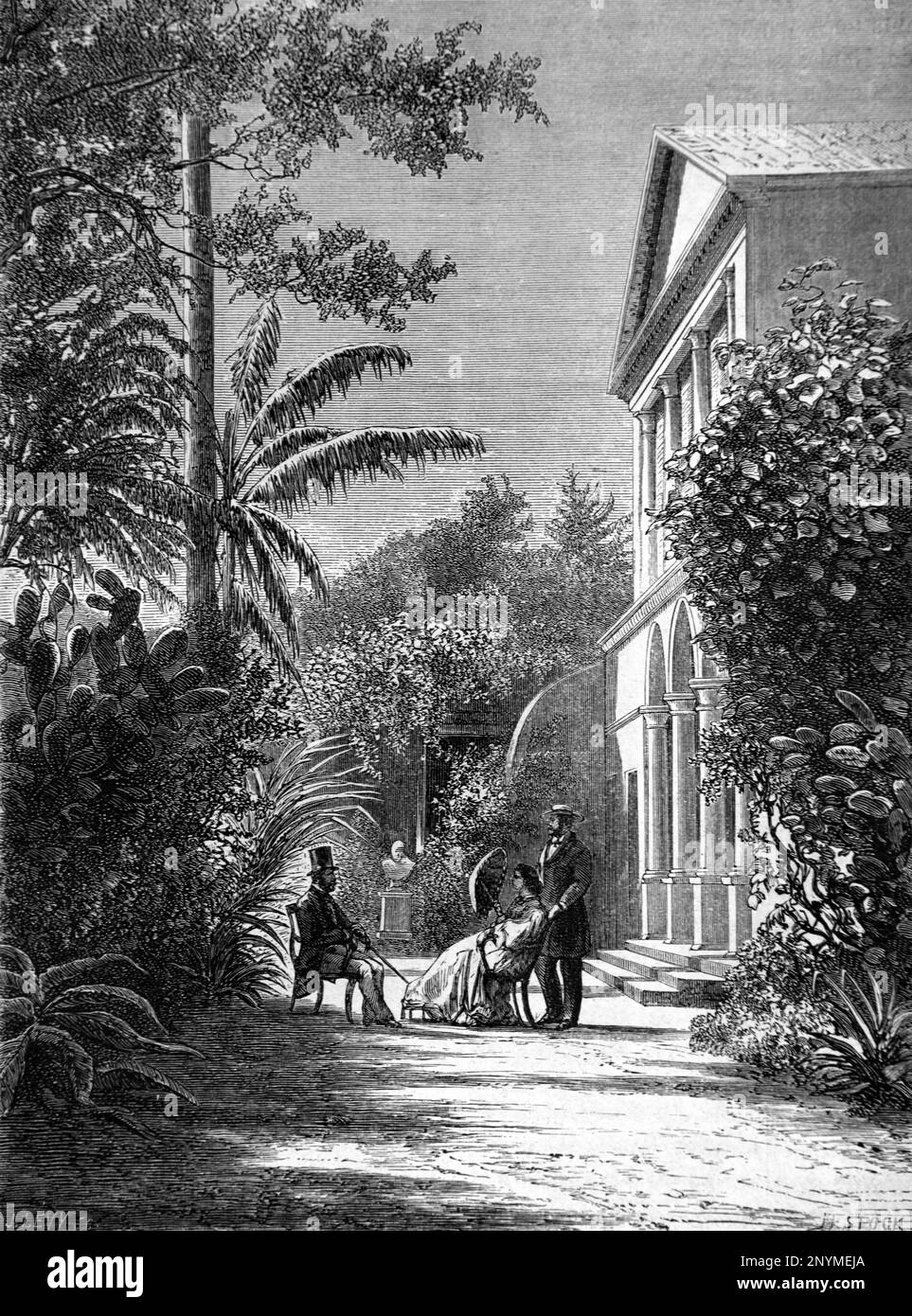 Giardino di Creole Townhouse o White Colonial borghesia & Creole Famiglia Saint Denis Reunion Island (dipartimento d'oltremare della Francia). Vintage Engraving o Illustrazione 1862 Foto Stock