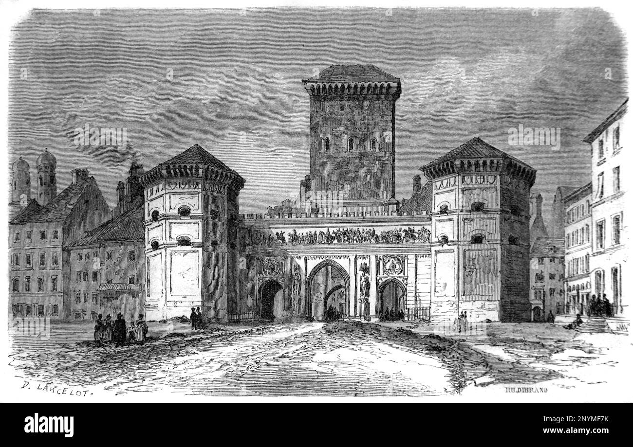 Isartor (1337) porta principale della città nel Muro medievale di Cty e fortificazioni di Monaco di Baviera Germania. Vintage Engraving o Illustrazione 1862 Foto Stock