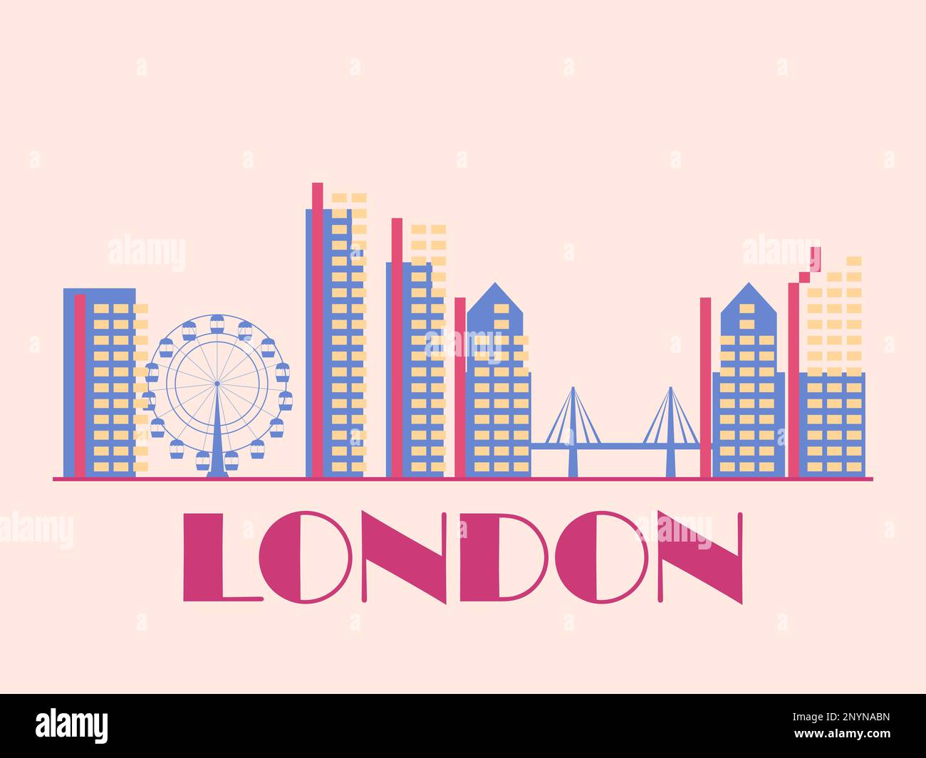 Il paesaggio londinese in stile vintage. Bandiera Londra retrò con ponte e ruota ferris in stile lineare. Progettazione di stampe, poster e mater promozionale Illustrazione Vettoriale