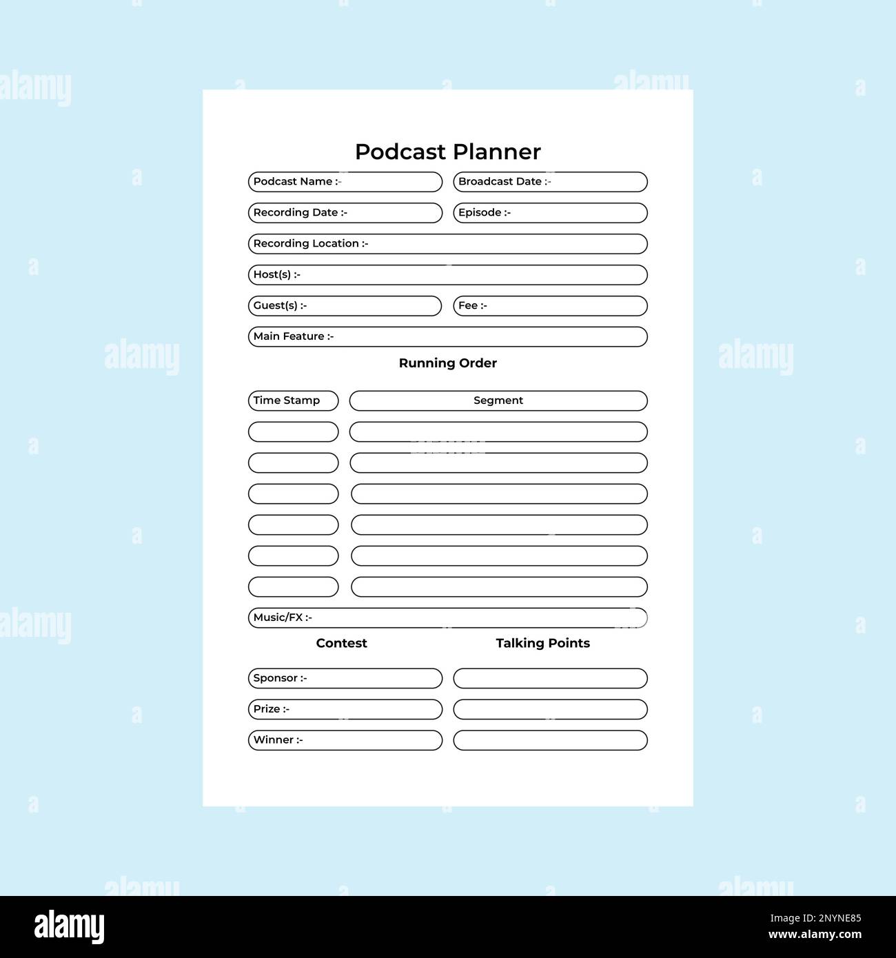 Pianificatore podcast quaderno per interni KDP. Normale modello di tracker delle informazioni delle stazioni radio e guest planner. Giornale interno KDP. Pianificazione podcast e argomento Illustrazione Vettoriale