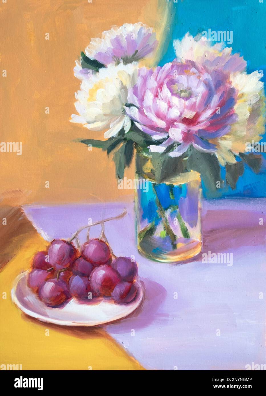 Vita morta con crisantemi e uva, pittura ad olio su tela Foto Stock