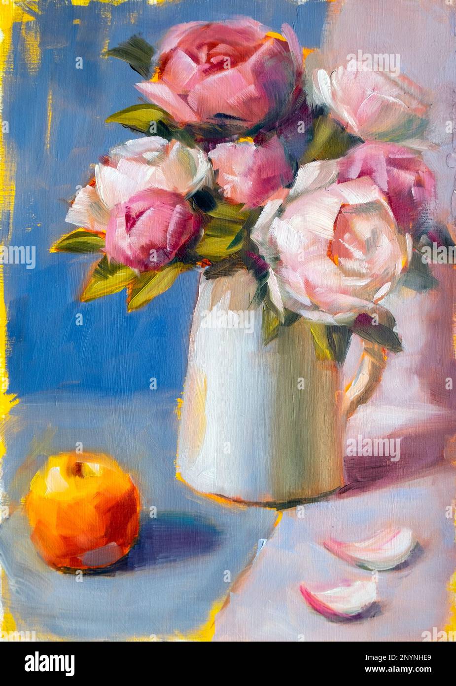 Vita morta con peonie e mela, pittura ad olio su tela Foto Stock