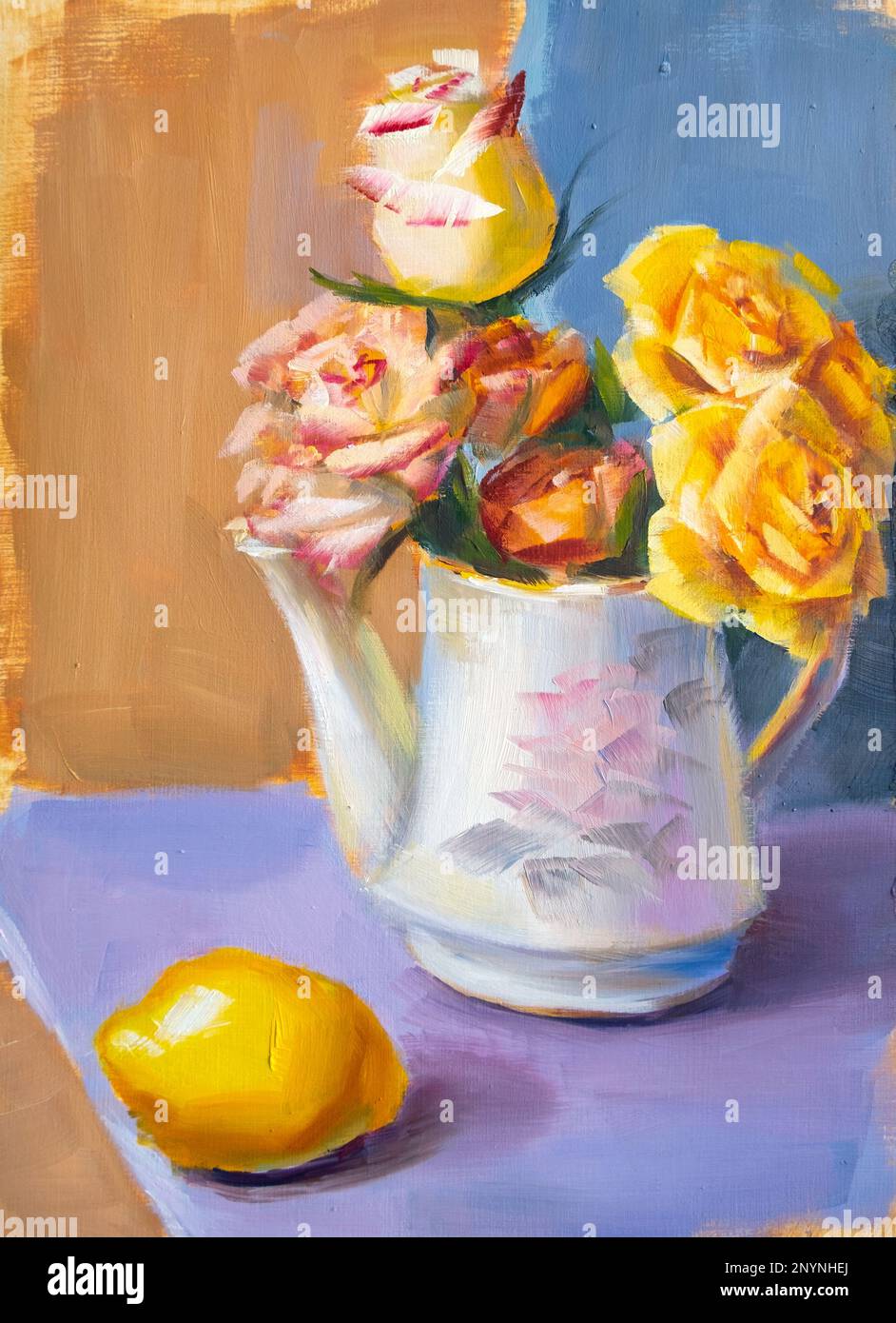 Vita morta con rose e limone, pittura ad olio su tela Foto Stock