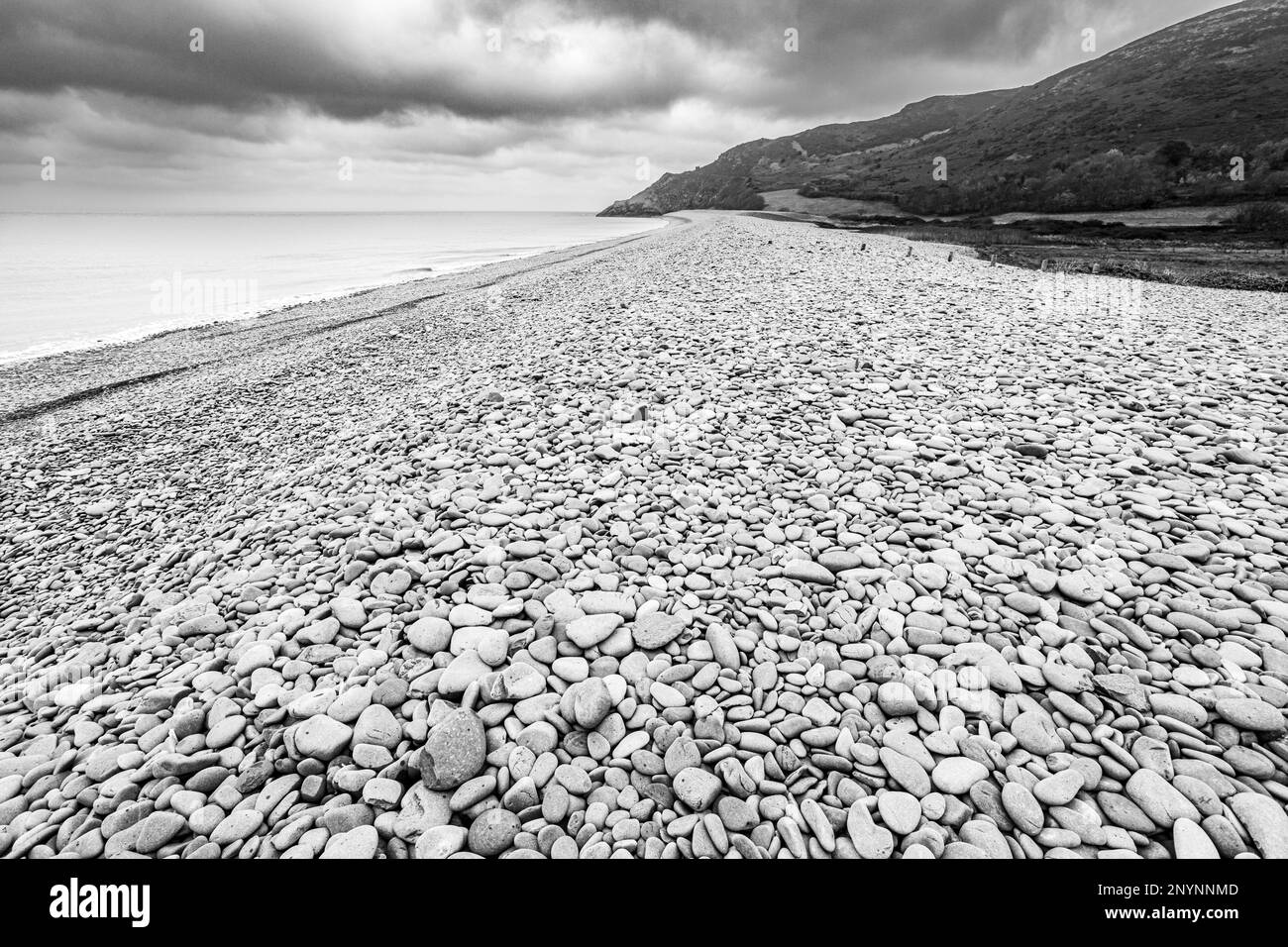 La spiaggia di pietra a Bossington (guardando verso Hurlstone Point) sulla costa nord del Parco Nazionale di Exmoor, Somerset, Inghilterra UK Foto Stock