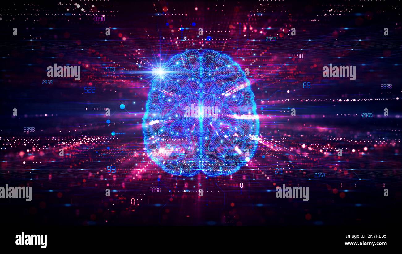 Neuroscienze computazionali e neuroinformatica - lo studio delle funzioni cerebrali utilizzando i metodi computazionali - Illustrazione concettuale Foto Stock