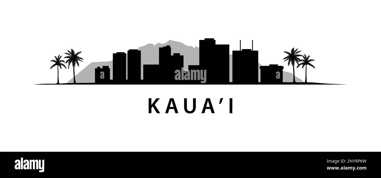 Kaua'i Island of Hawaii Skyline. Stato americano degli Stati Uniti. Grafica esotica paesaggio. Silhouette in bianco e nero. Terre caraibiche Illustrazione Vettoriale