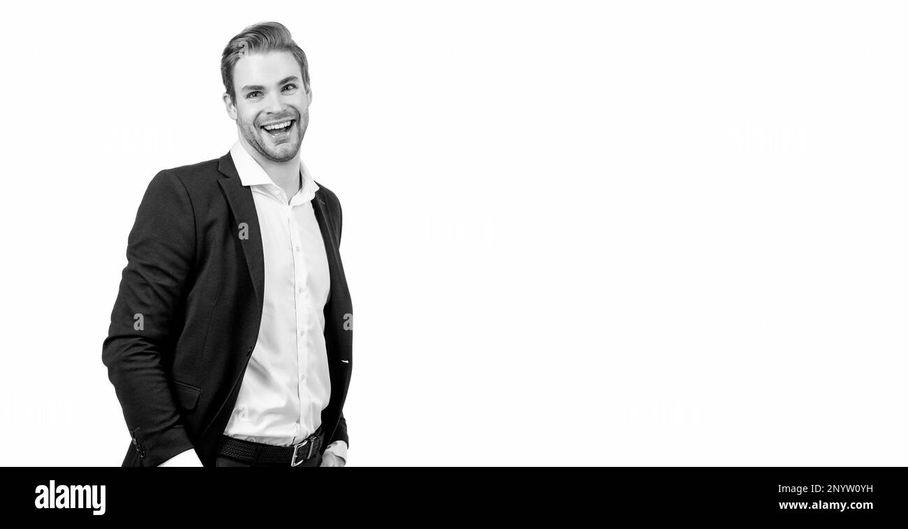 Rimanere ottimisti e mantenere un atteggiamento positivo per il business. Buon uomo d'affari isolato su bianco. Uomo felice di successo sorridente in formalwear. Business Foto Stock