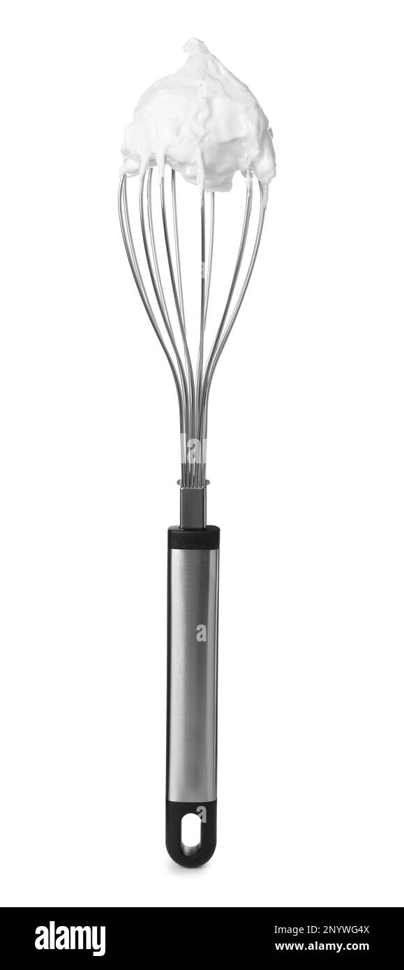 Frusta a palloncino con panna montata isolata su bianco Foto Stock