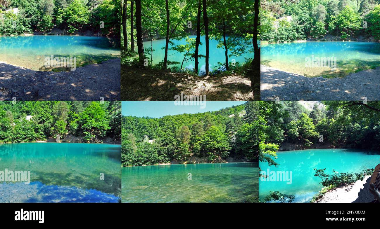 Collage di immagini con il Lago Blu di Baia Sprie, Maramures, Romania Foto Stock