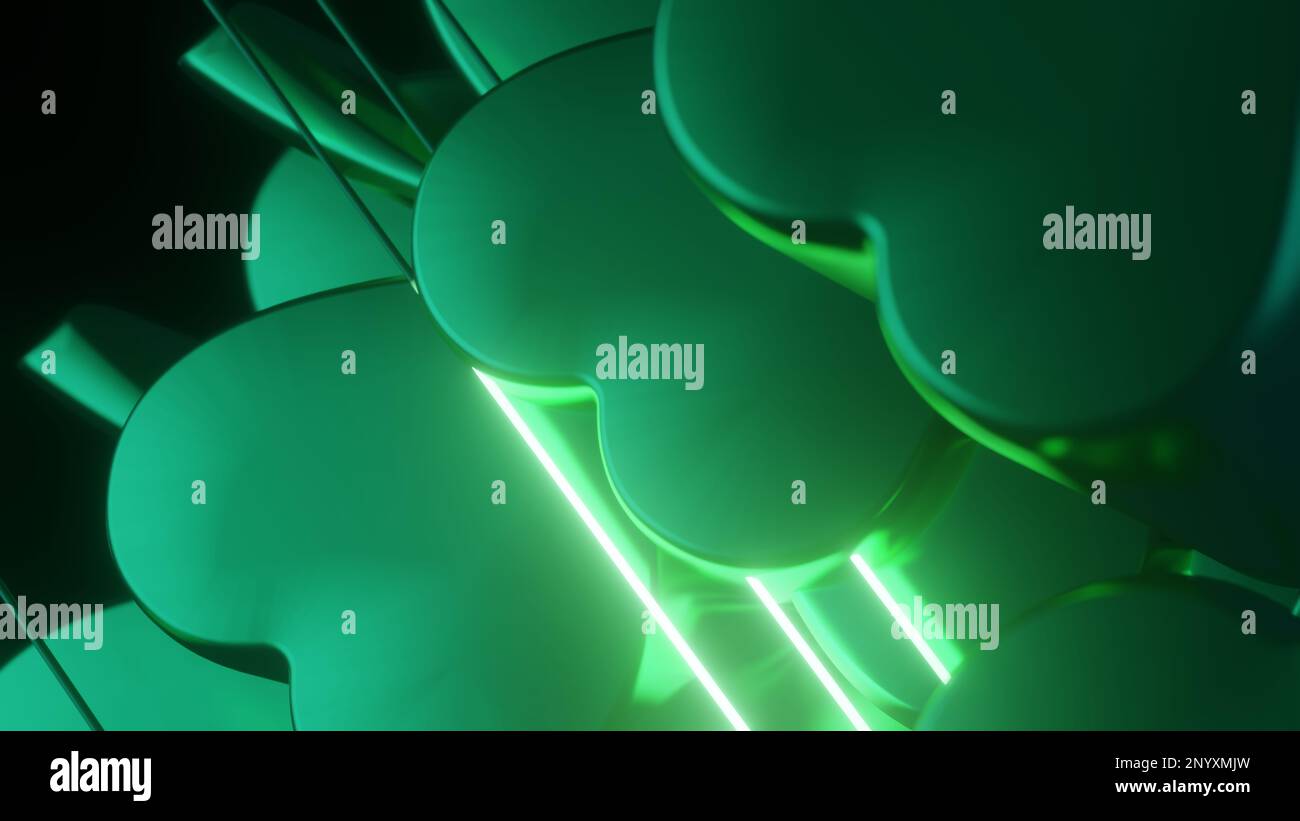 St Patrick's Day 3D rendering di un vibrante paesaggio urbano con edifici illuminati e una parata festosa, perfetto per celebrare il patrimonio irlandese Foto Stock